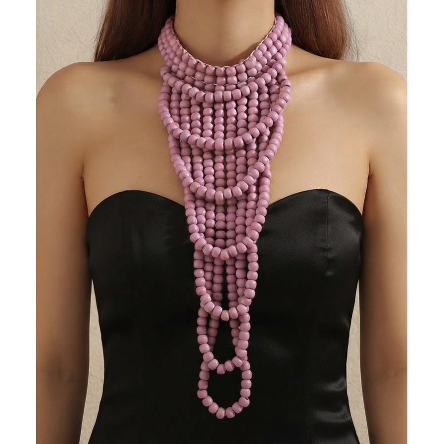 Layered Wood Beaded Bib Necklace Women Pink Statement Boho Maximalist Festival