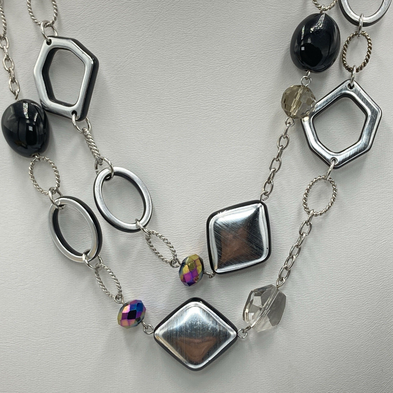 Lia Sophia 50″ Long Silver Tone Statement Necklace Black Beads Signed Jewelry