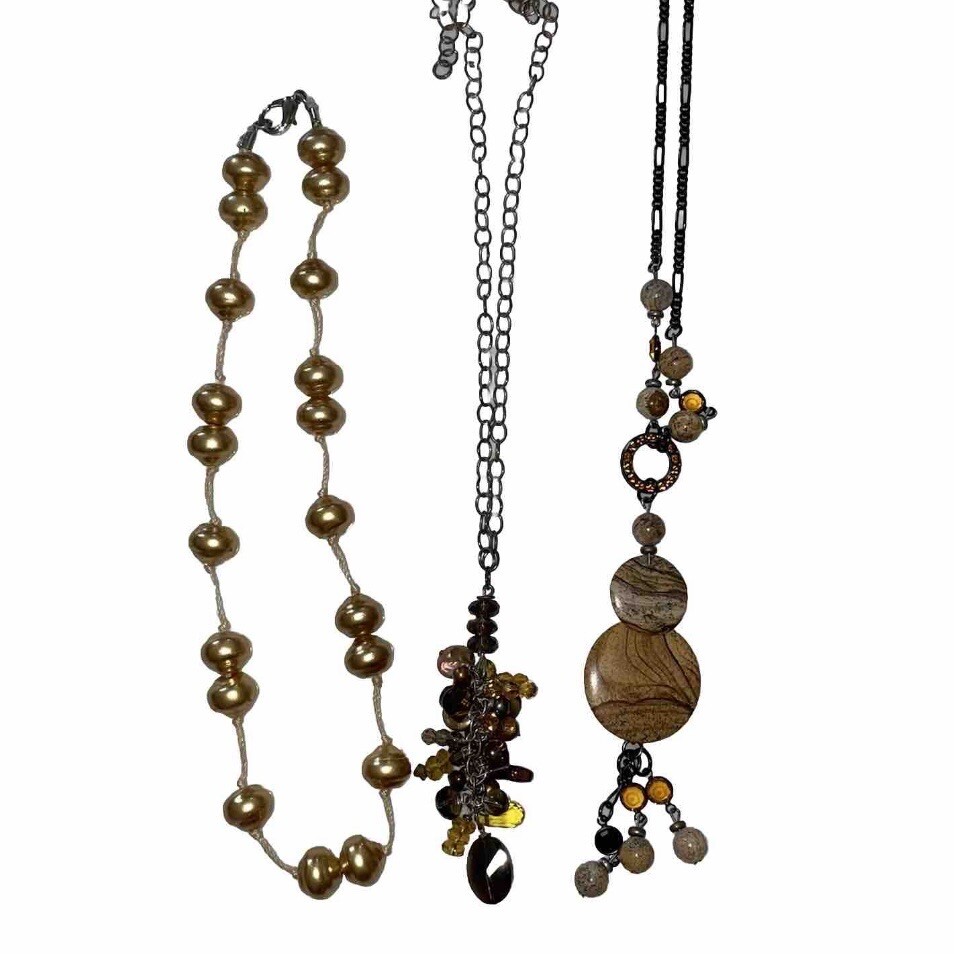 Set Of 3 Bohemian Western Gold/Brown Natural Stacked Necklaces