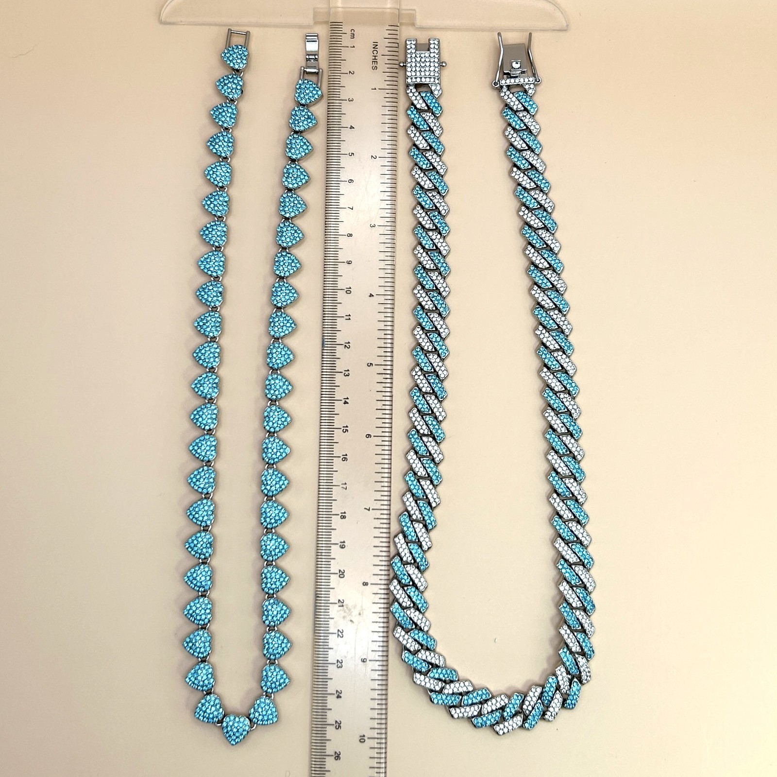 Blue Rhinestone Cuban Link & Heart Chain Necklace Set Statement Jewelry