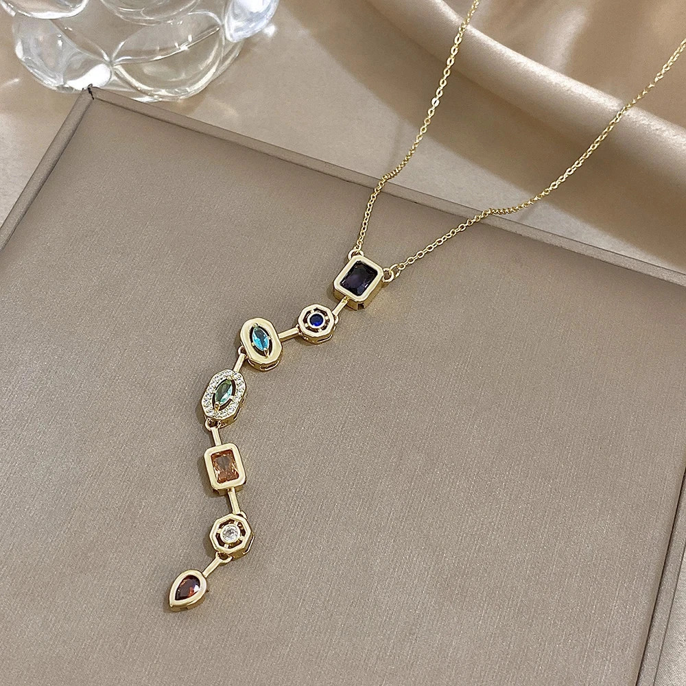 Vintage Geometric Colorful Zircon Long Pendant Necklace for Women Gold Plated