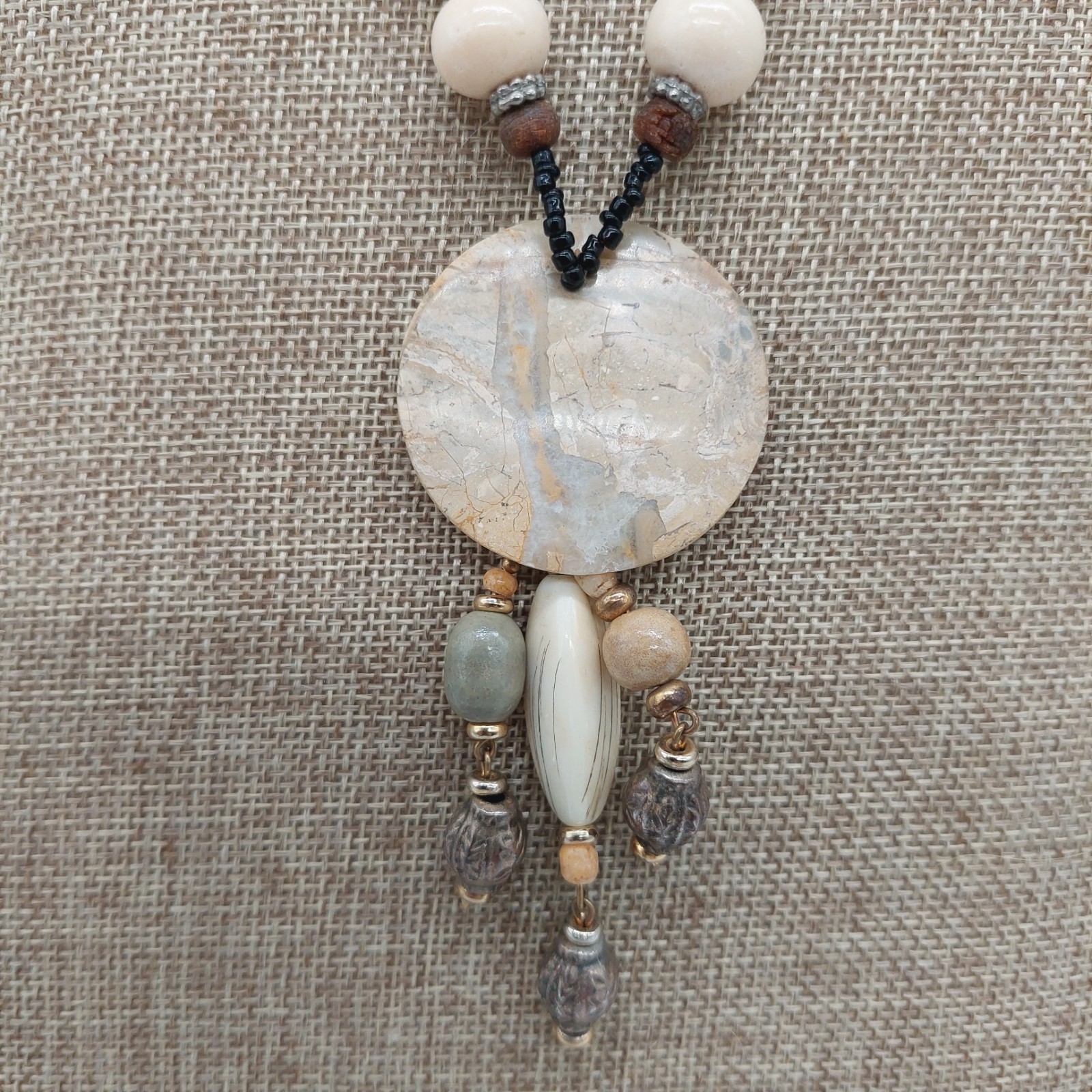 Necklace Beaded Round Pendant Brown Green Beige Metal Plastic Stones