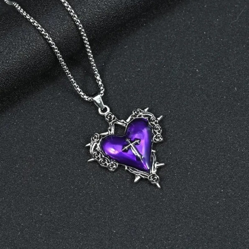 Men’s Gothic Style Cross Purple Heart Pendant Necklace Hip Hop Punk
