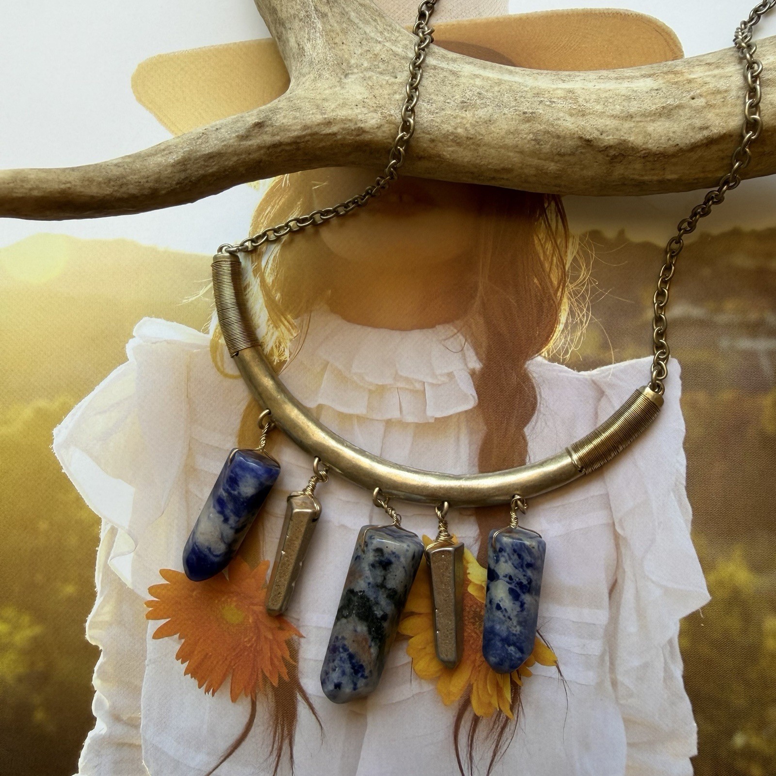 Blue Style Sodalite Crystal Point Fringe Statement Necklace Bronze Tone Boho