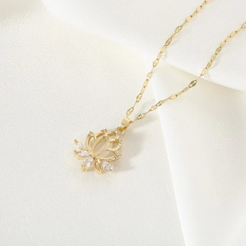 Women’s Fashion Jewelry Cubic Zircon Gold Lotus Flower Pendant Necklace USA Gift