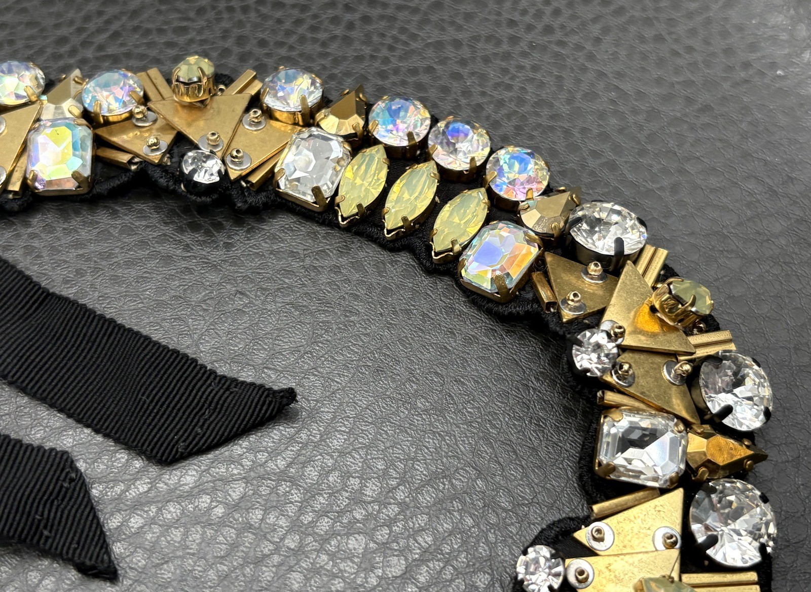 J Crew Crystal Rhinestone Statement Bib Necklace Black Fabric Ribbon Gold Tone