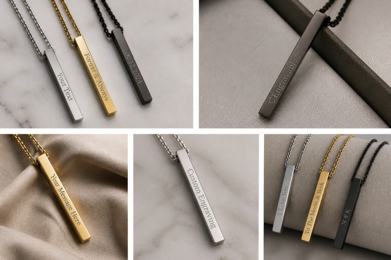 Personalized 3D Vertical Bar Necklace • Custom Engraved 4 Sided Pendant
