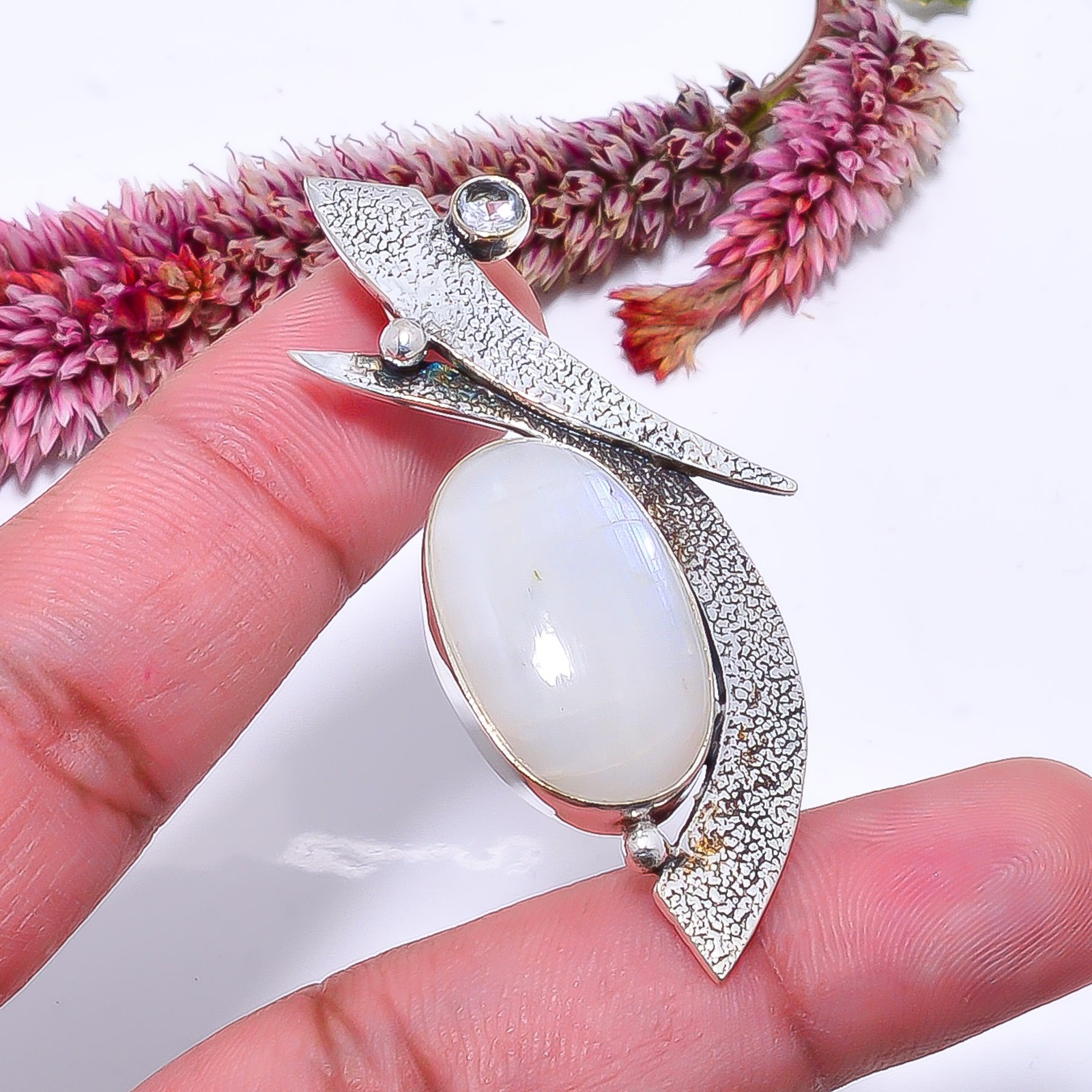 Rainbow Moonstone – India Designer Handmade 925 Sterling Silver Pendant 2.26″ P3