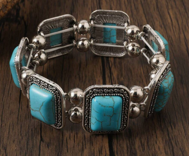 WESTERN-4Pcs Bohemian Retro Set, Faux Turquoise Necklace, Bracelet, and Earrings