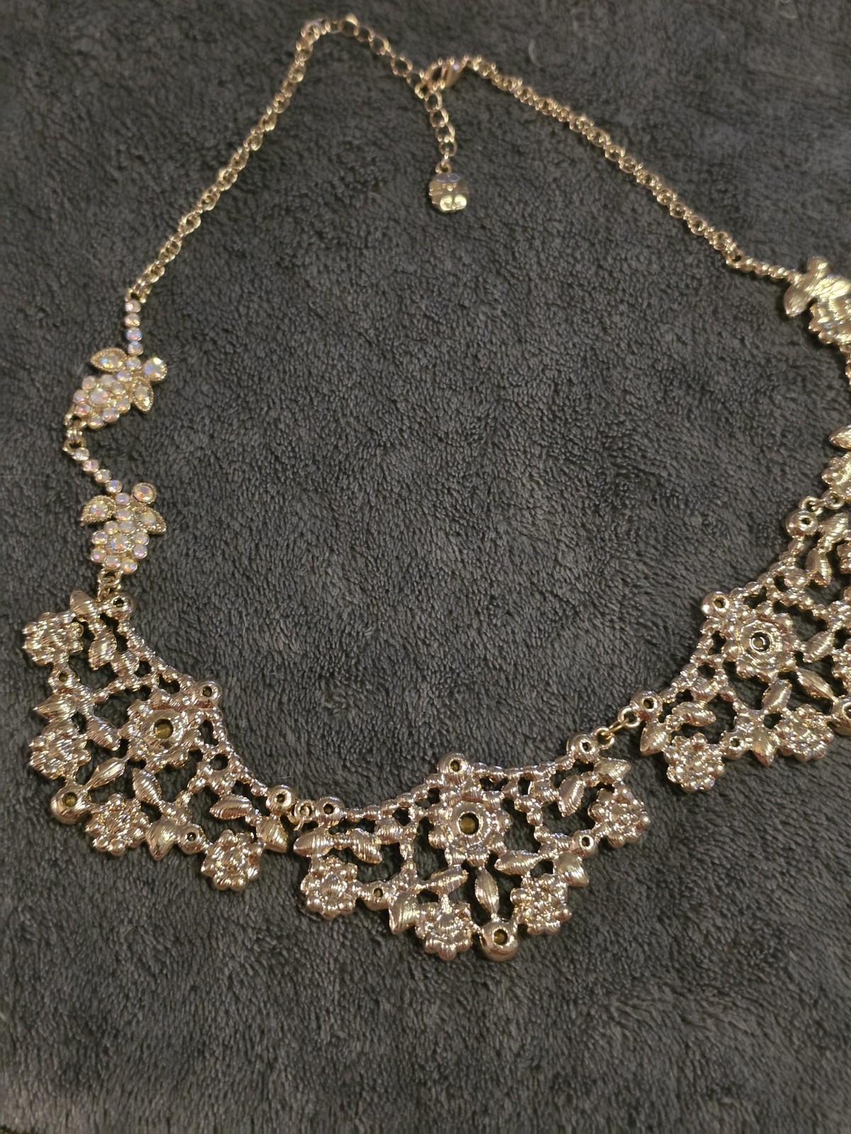 Monet Gold Tone Floral Bib Necklace White Rhinestone Crystal Lobster Clasp