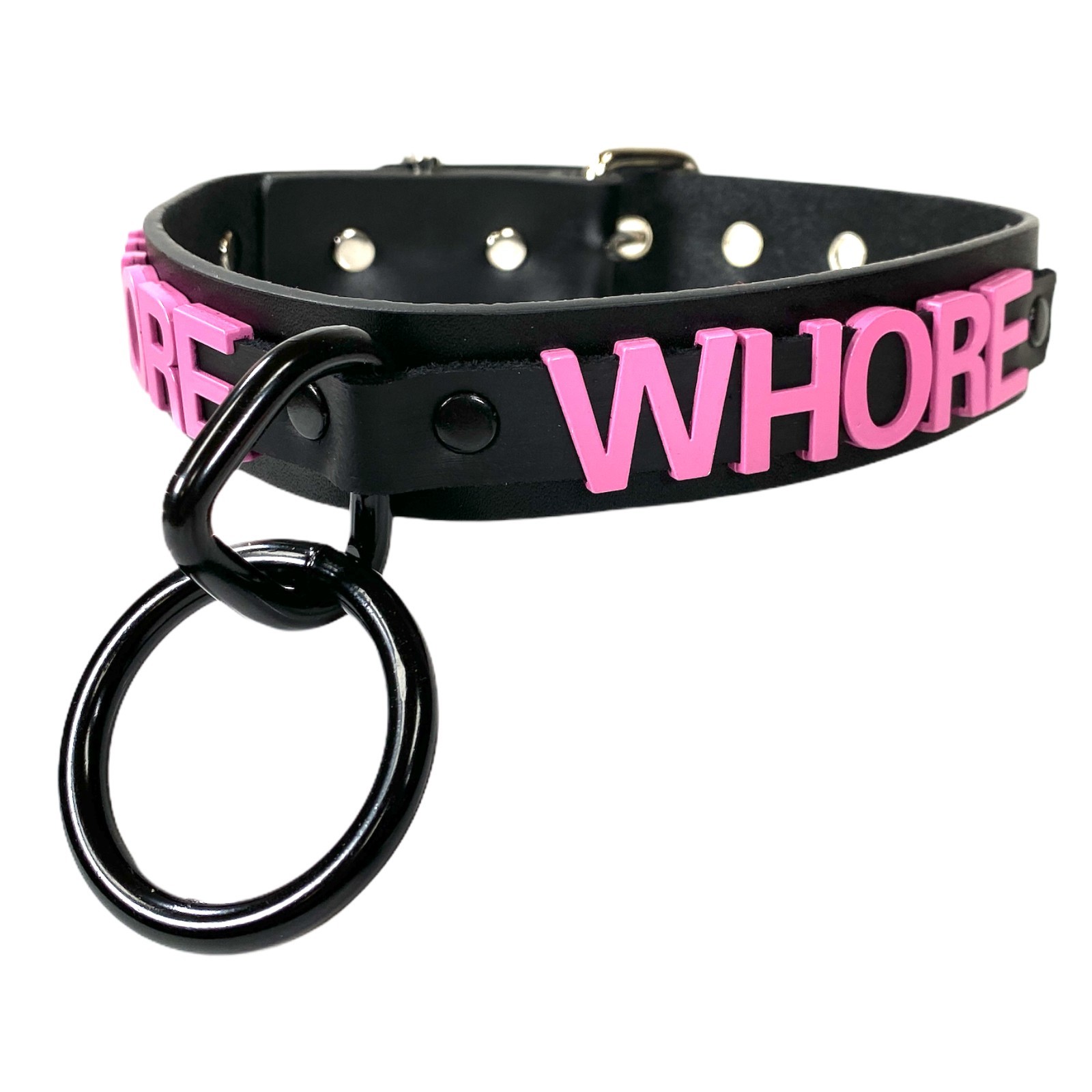 Name Bondage Collar Black O Ring Pink Letter Slave Leather BDSM Slut Choker