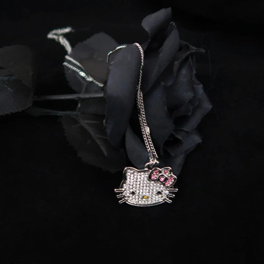 Hello Kitty Crystal Alloy Silver Necklace Pendant Locket Chain Rhinestone New