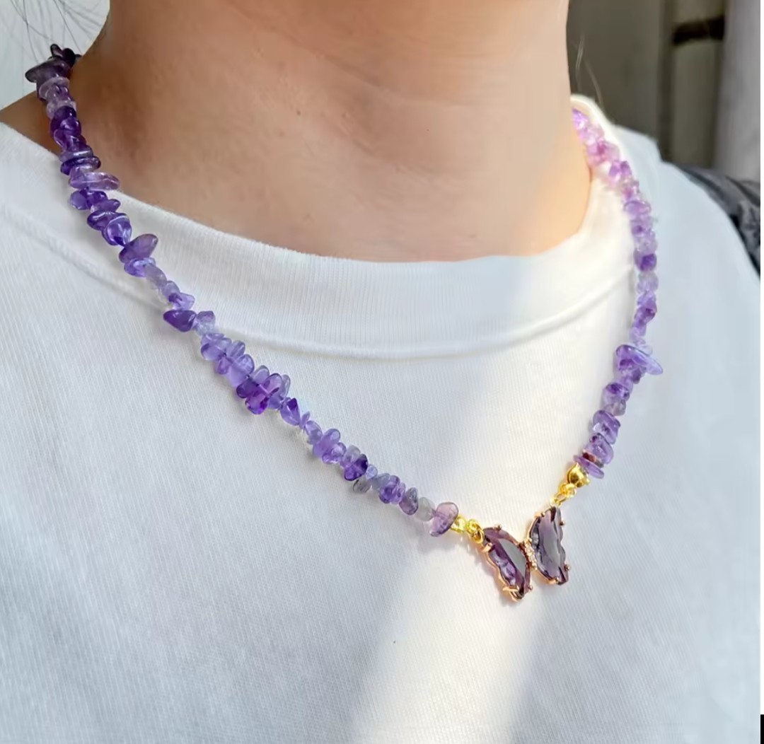 Trendy Butterfly Crystal Necklace Natural Purple Amethysts Quartzs Crystal Chip
