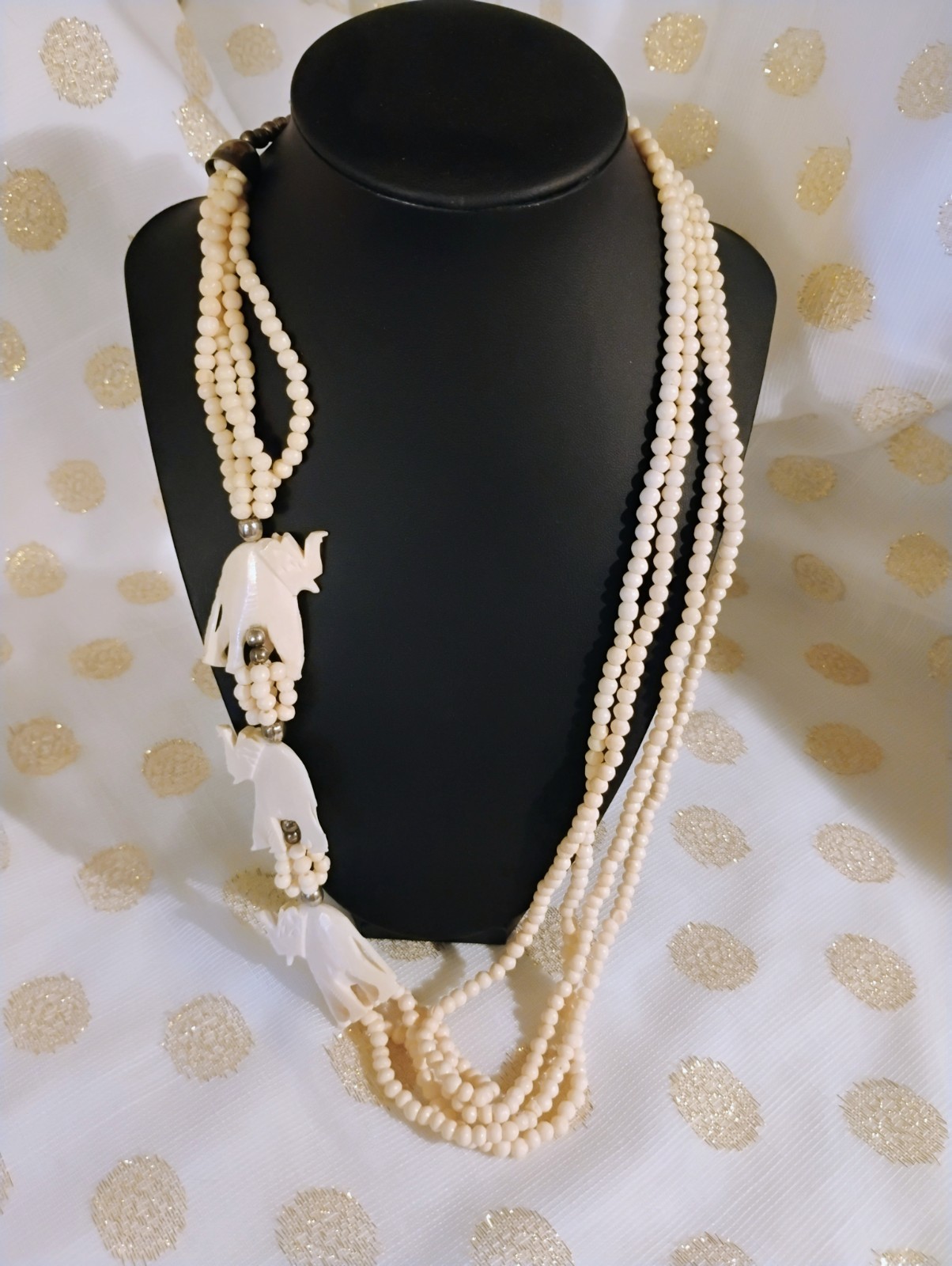 Ivory Multi-Strand Beaded Statement Necklace Elephant Links Hook Closure