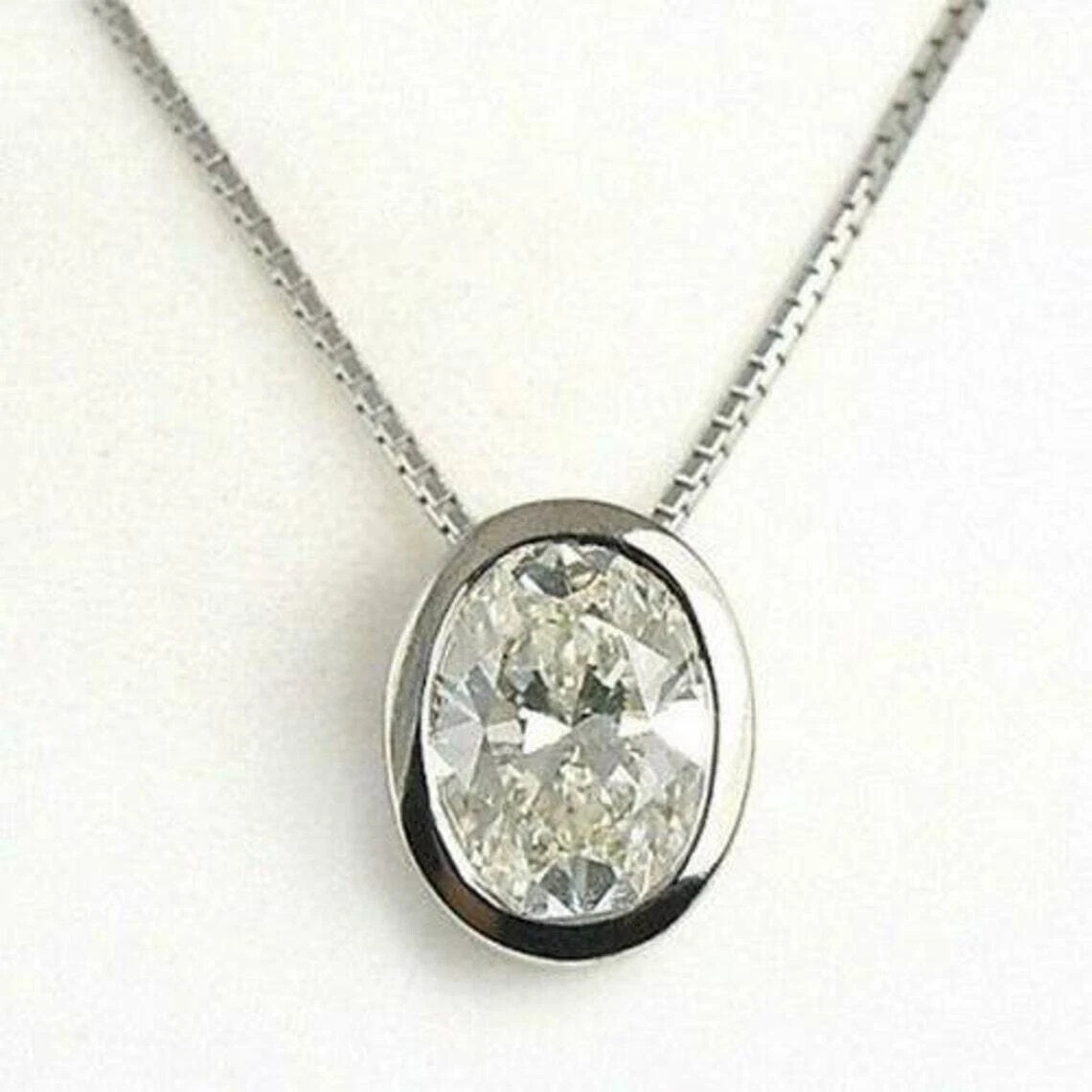 2Ct Oval Simulated Diamond Bezel Set Pendant 18″ Necklace 14k White Gold Plated