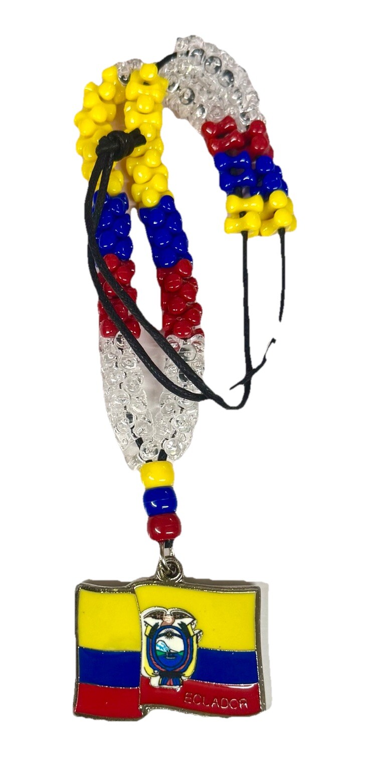 ECUADOR FLAG COLOR BEADED FLAG Necklace Pendant HAITI With 14” BEADS In Leather