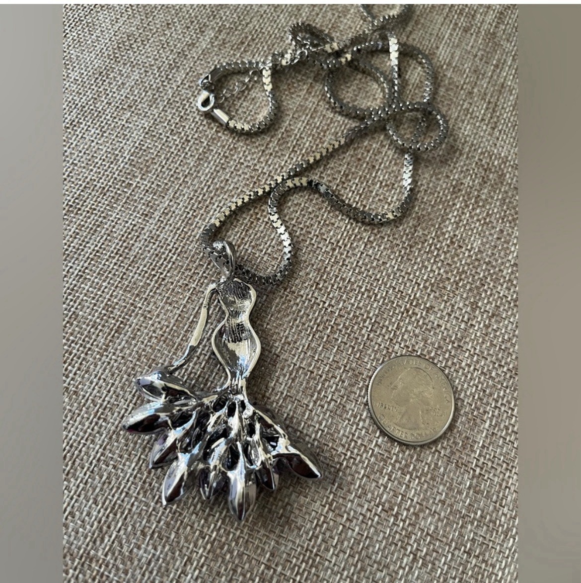 Silver Plated Box Chain Necklace Asymmetrical Dress Charm Pendant Purple Blue