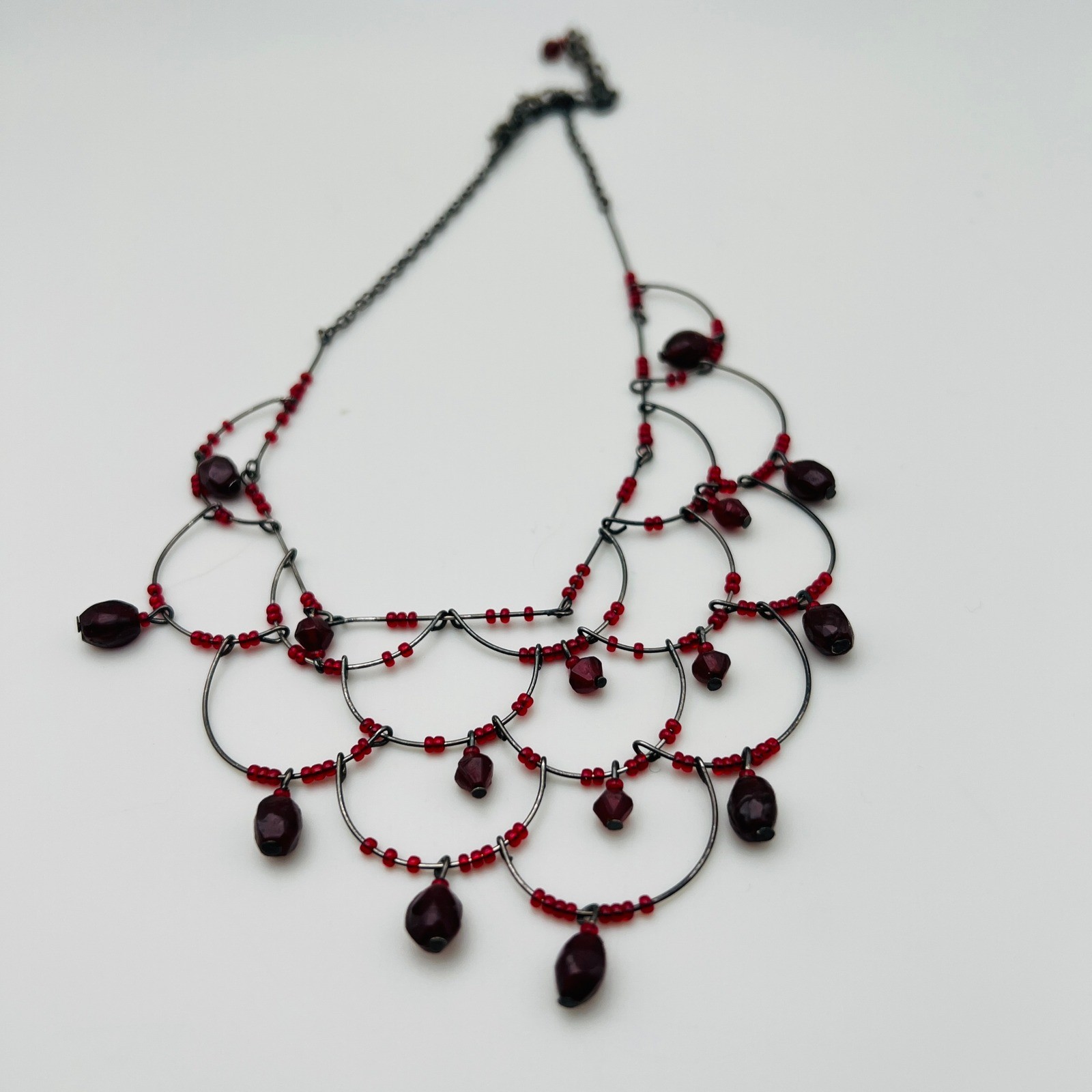 Red Beaded Bib Necklace Gunmetal Wire Statement Boho Fashion Jewelry