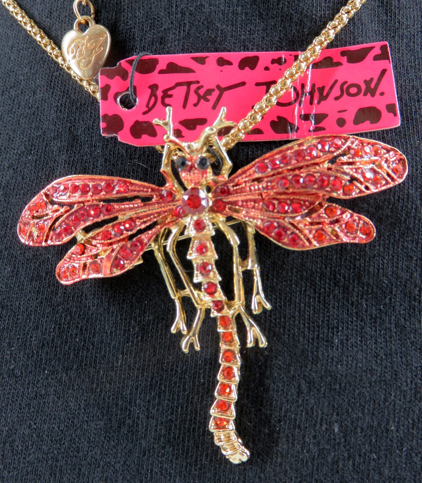 NWT-Betsey Johnson Red Crystal Dragonfly Pendant Brooch on Goldtone Necklace