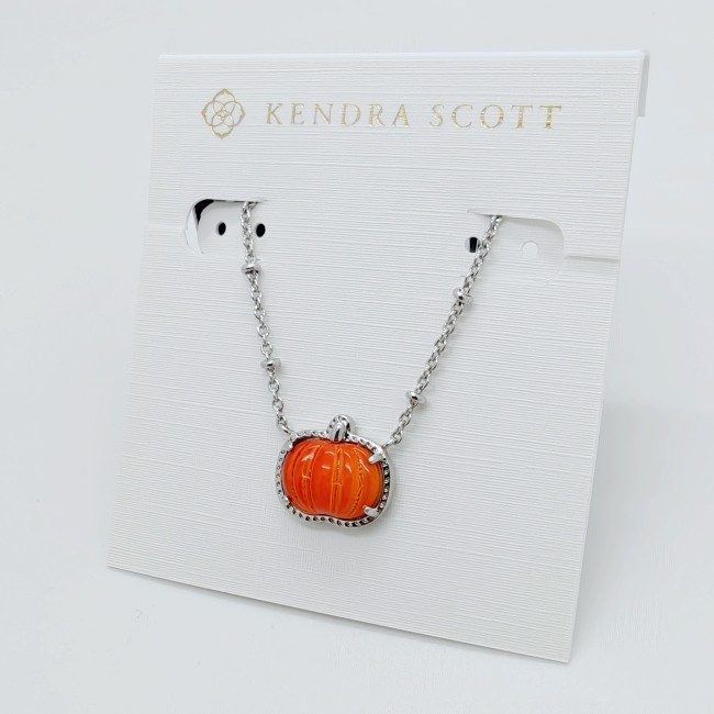 New Kendra Scott Pumpkin Silver Short Pendant Necklace In Orange Shell