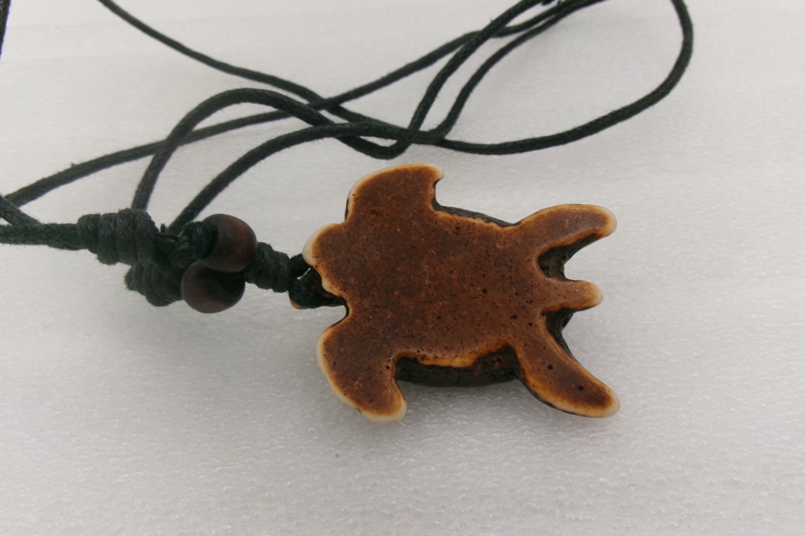 Brown Resin Acrylic Sea Turtle Carved Pendant Tribal Exotic Necklace Fabric Cord