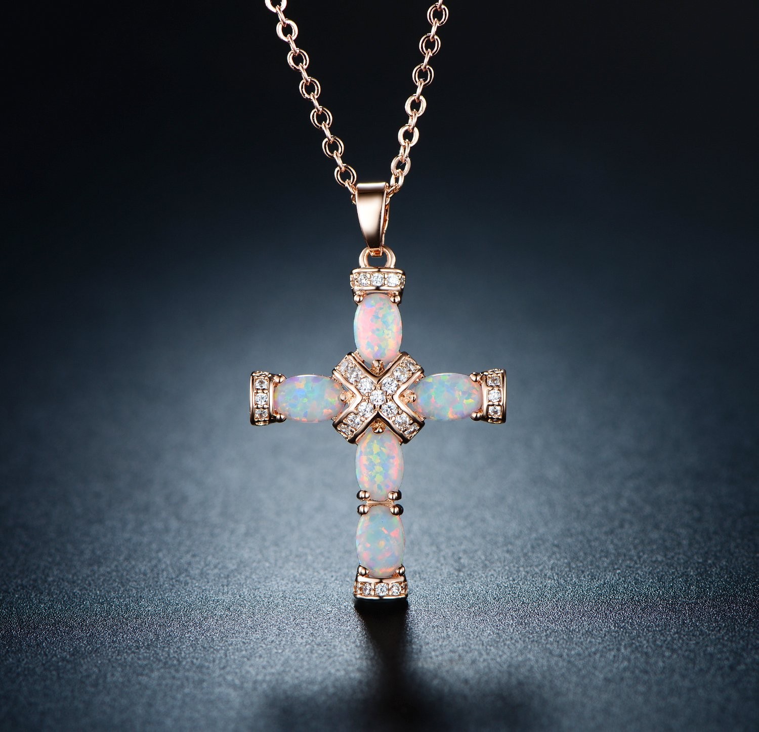 Barzel 18K Rose Gold Plated Created Opal Cross Necklace One Size,