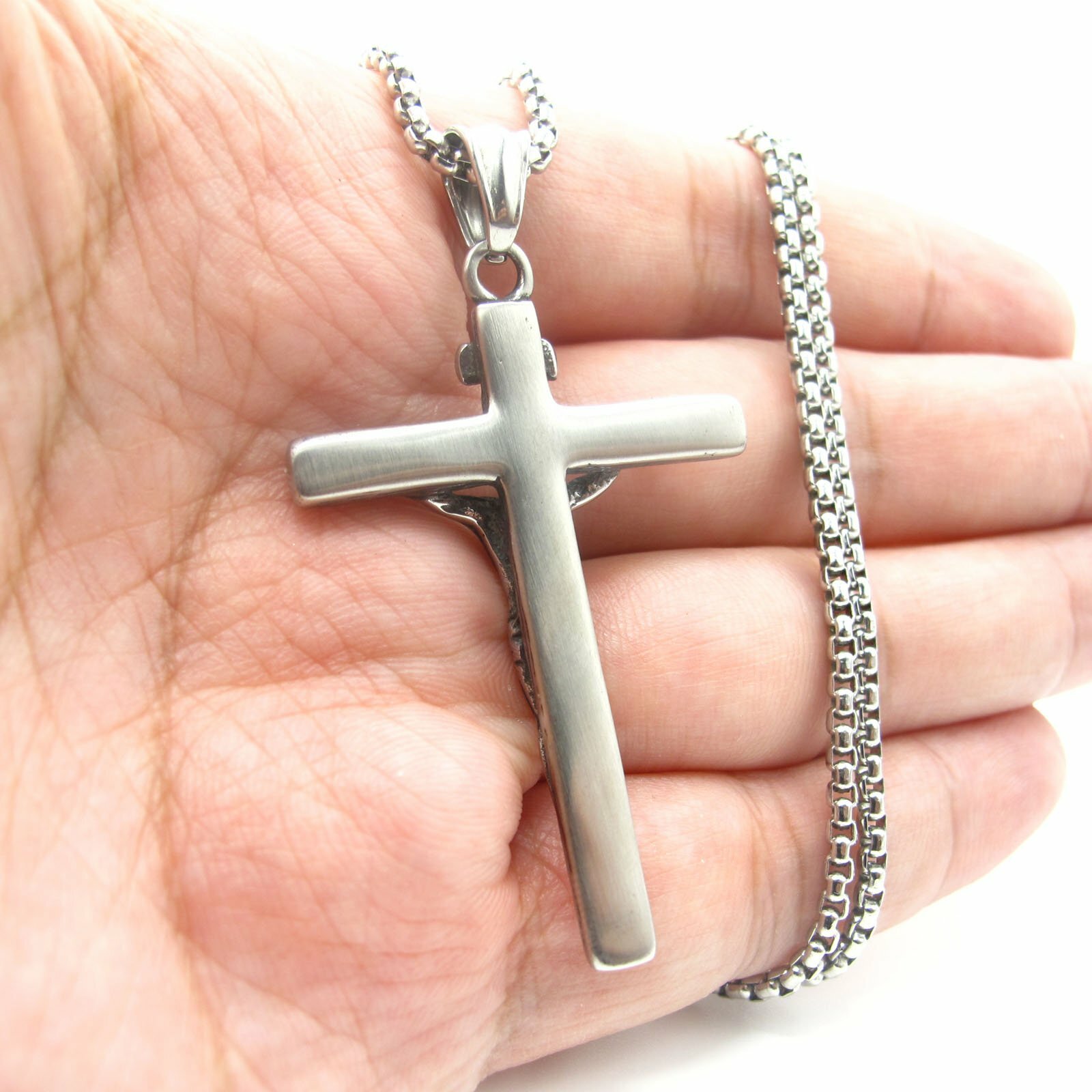 MENDEL Mens Stainless Steel Jesus Christ Crucifix Cross Pendant Necklace For Men