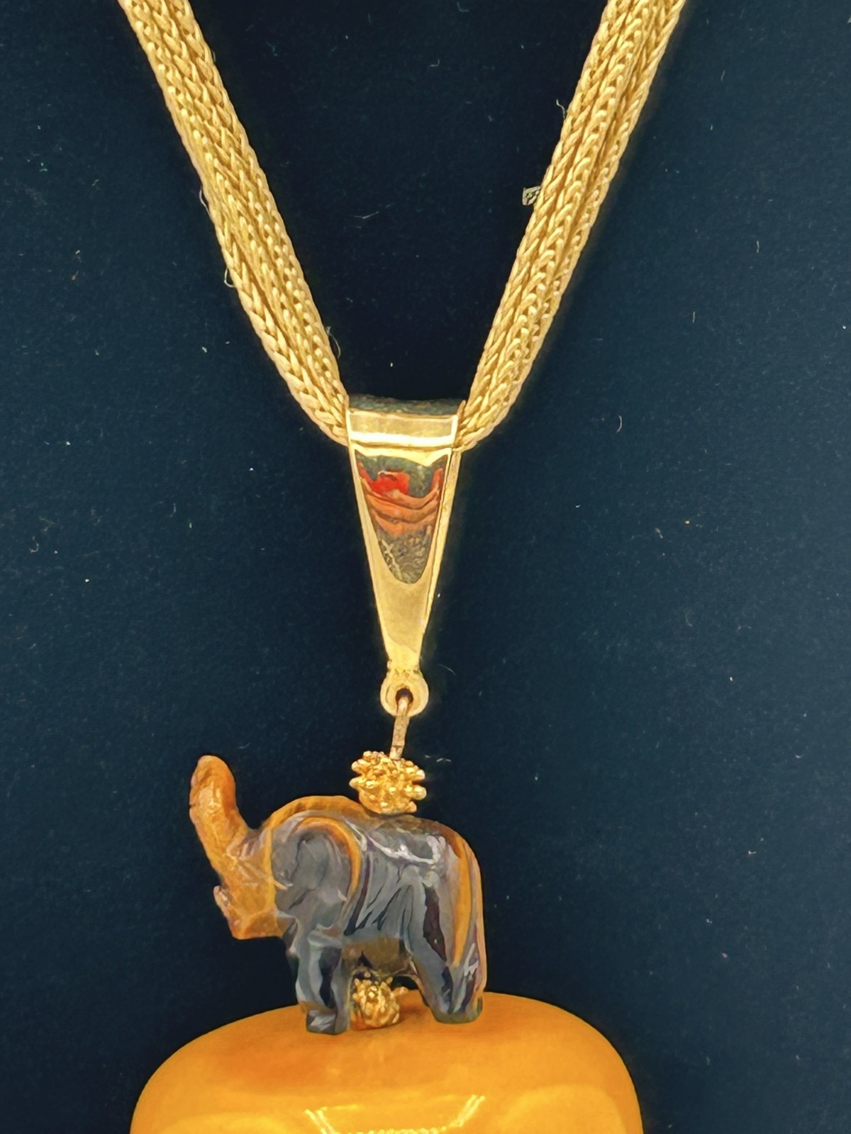 Vintage Bakelite Amber Pendant Necklace w/ Tiger’s Eye Elephant & Gold Tassels