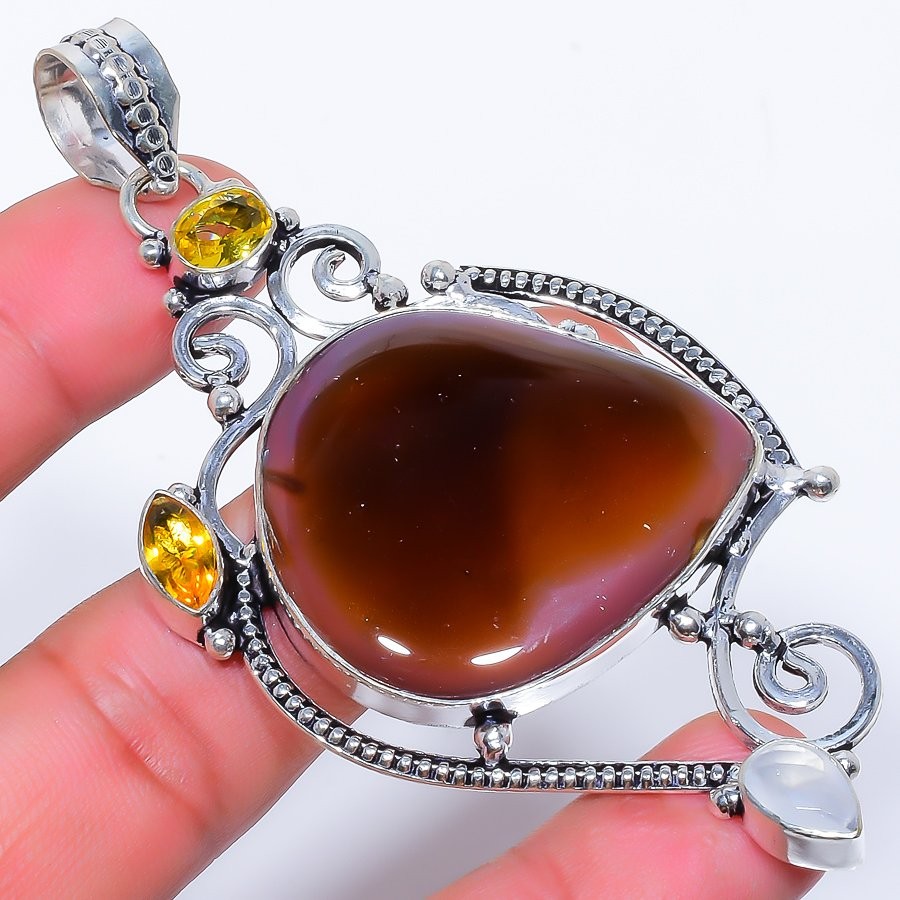Natural Brown Onyx & Citrine 925 Silver Plated Jewelry Pendant 3.5″ T3068