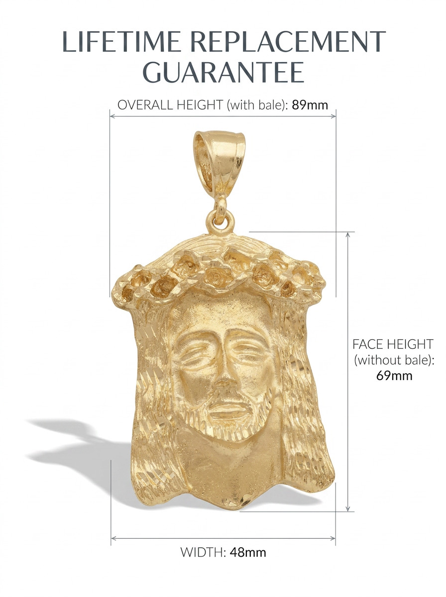 Jumbo Jesus Face Pendant Necklace, 10mm Cuban Chain, Heavy Plated Gold