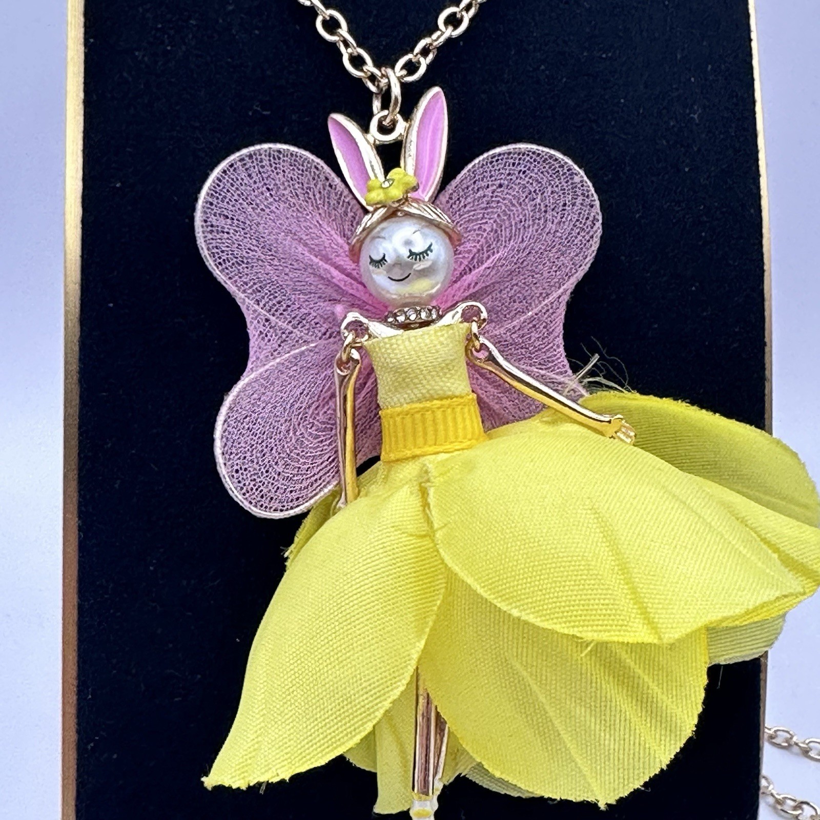 Betsey Johnson Fairy Bunny Necklace Yellow Pink Wings Gold Tone Long Pendant