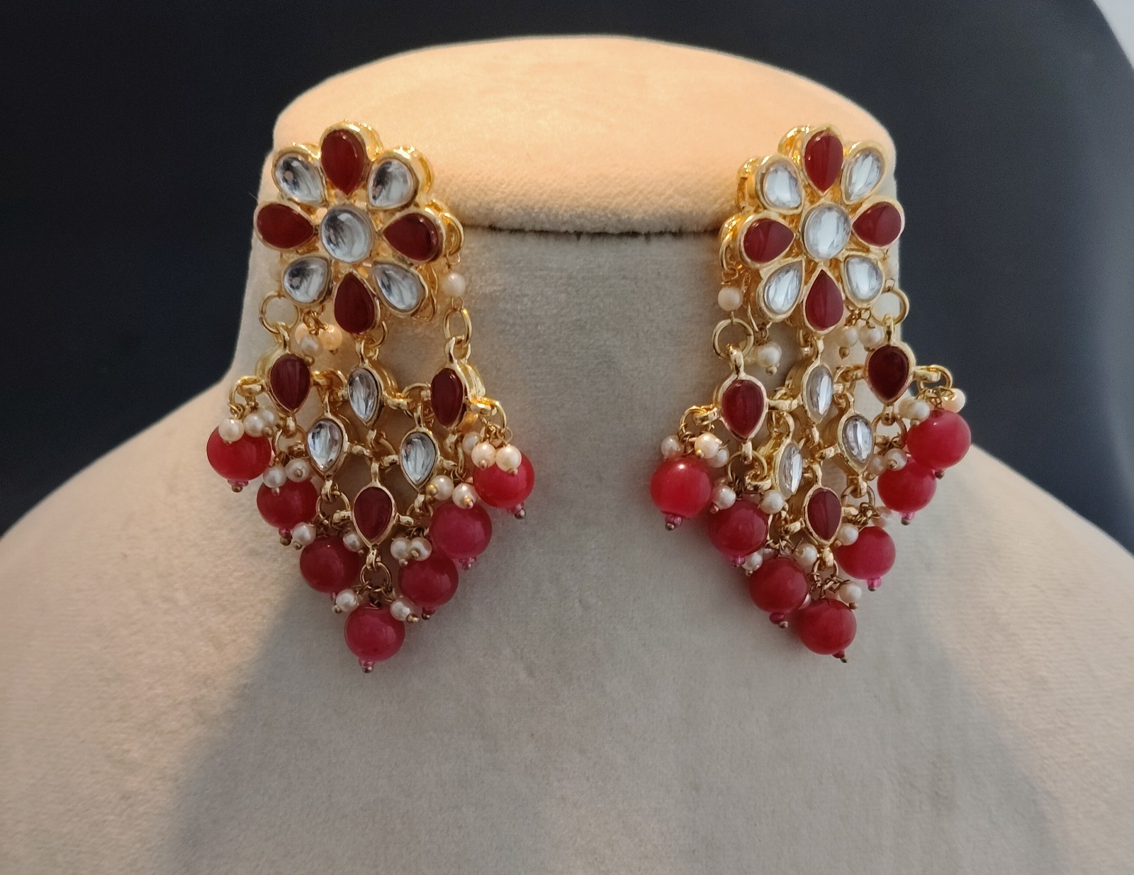 Aiza Red Kundan Floral Bridal Choker Set with Pink Bead Drops Roz Jewellers.