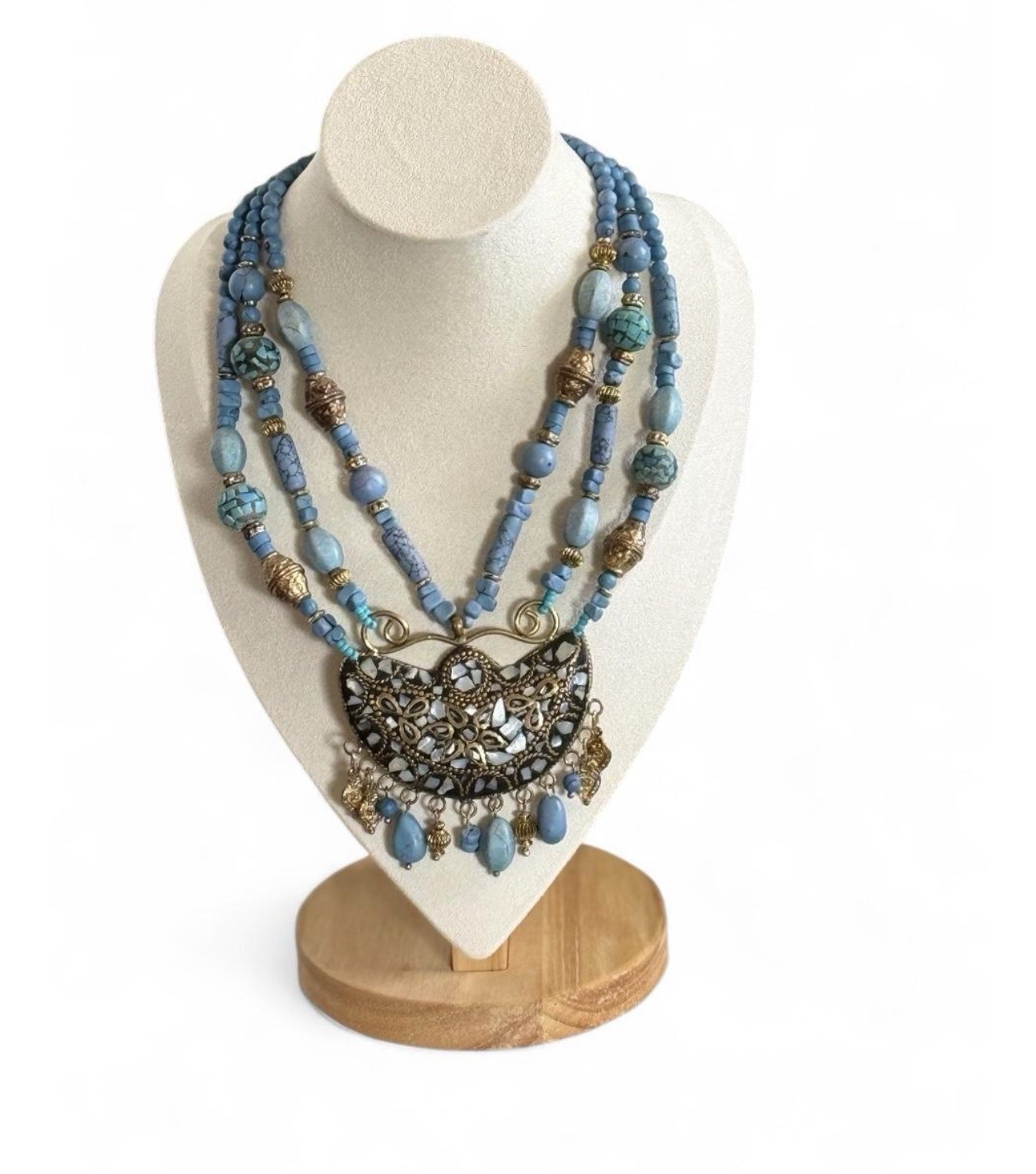 Chico’s Blue Multi Strand Statement Necklace Filigree Pendant Beaded Bib Gold To