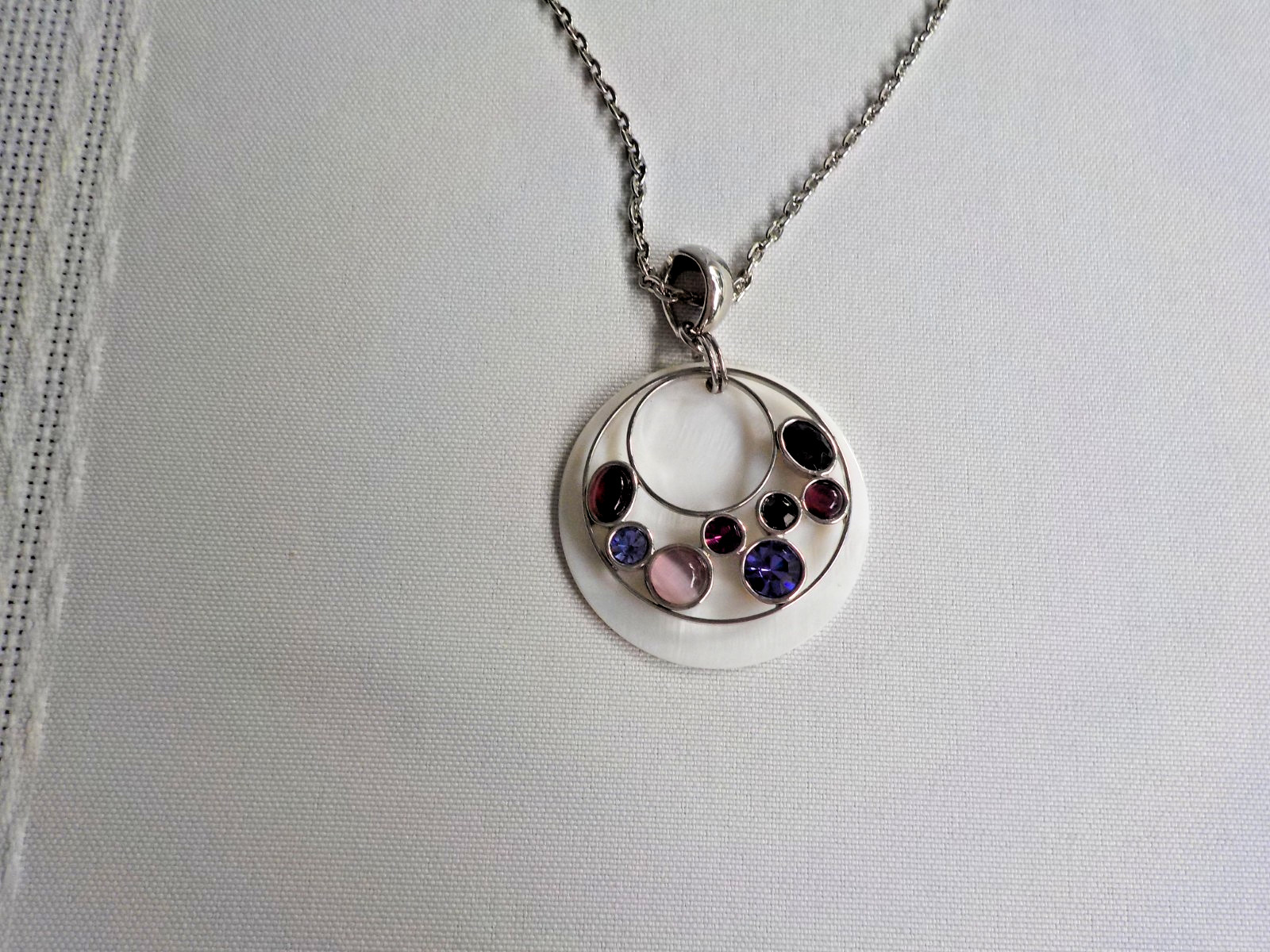 SL Faux Mop Necklace Silver Tone Metal 27″L Plastic Light Dark Purple Round