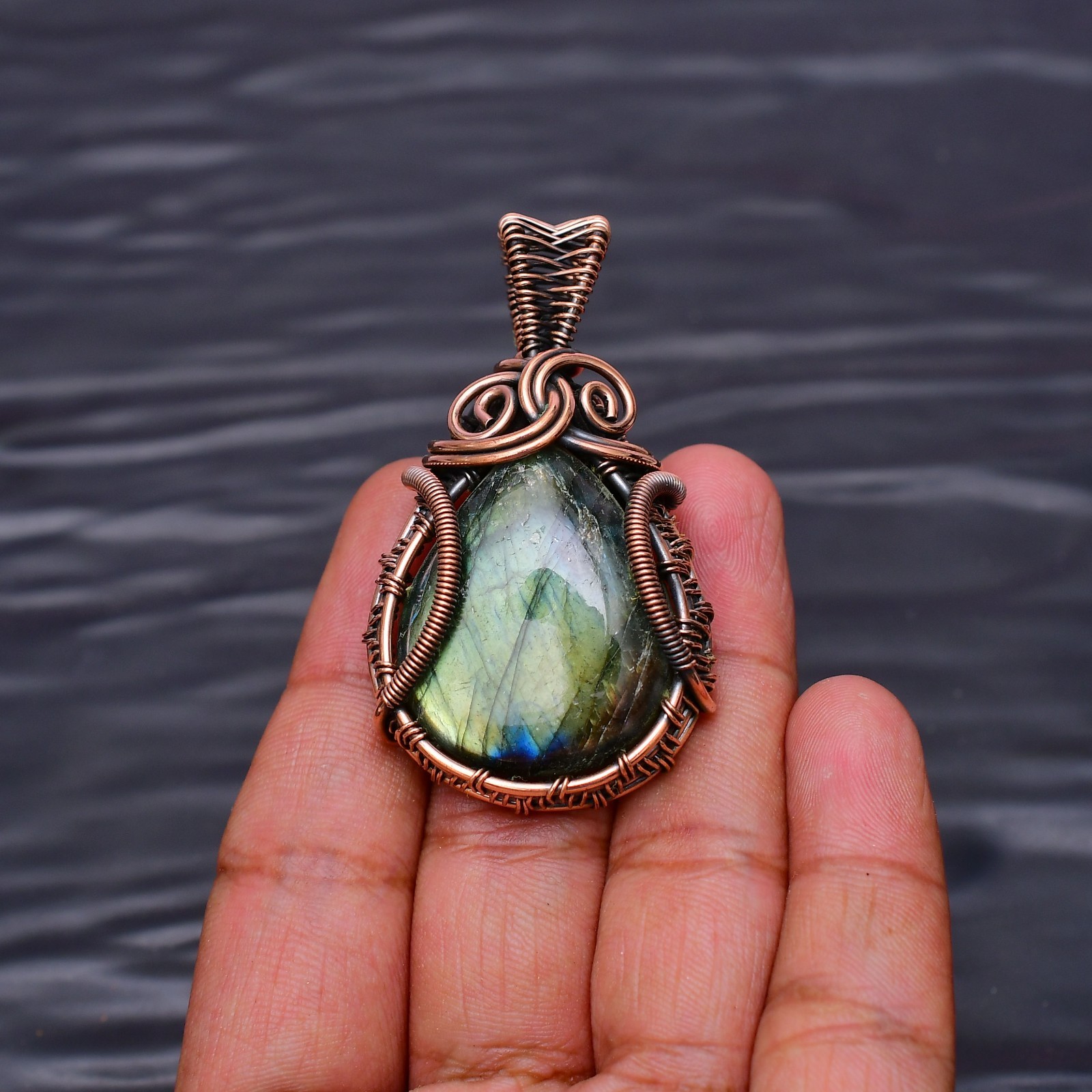 Labradorite Gemstone Copper Wire Wrapped Handmade Jewelry Pendant 2.08″
