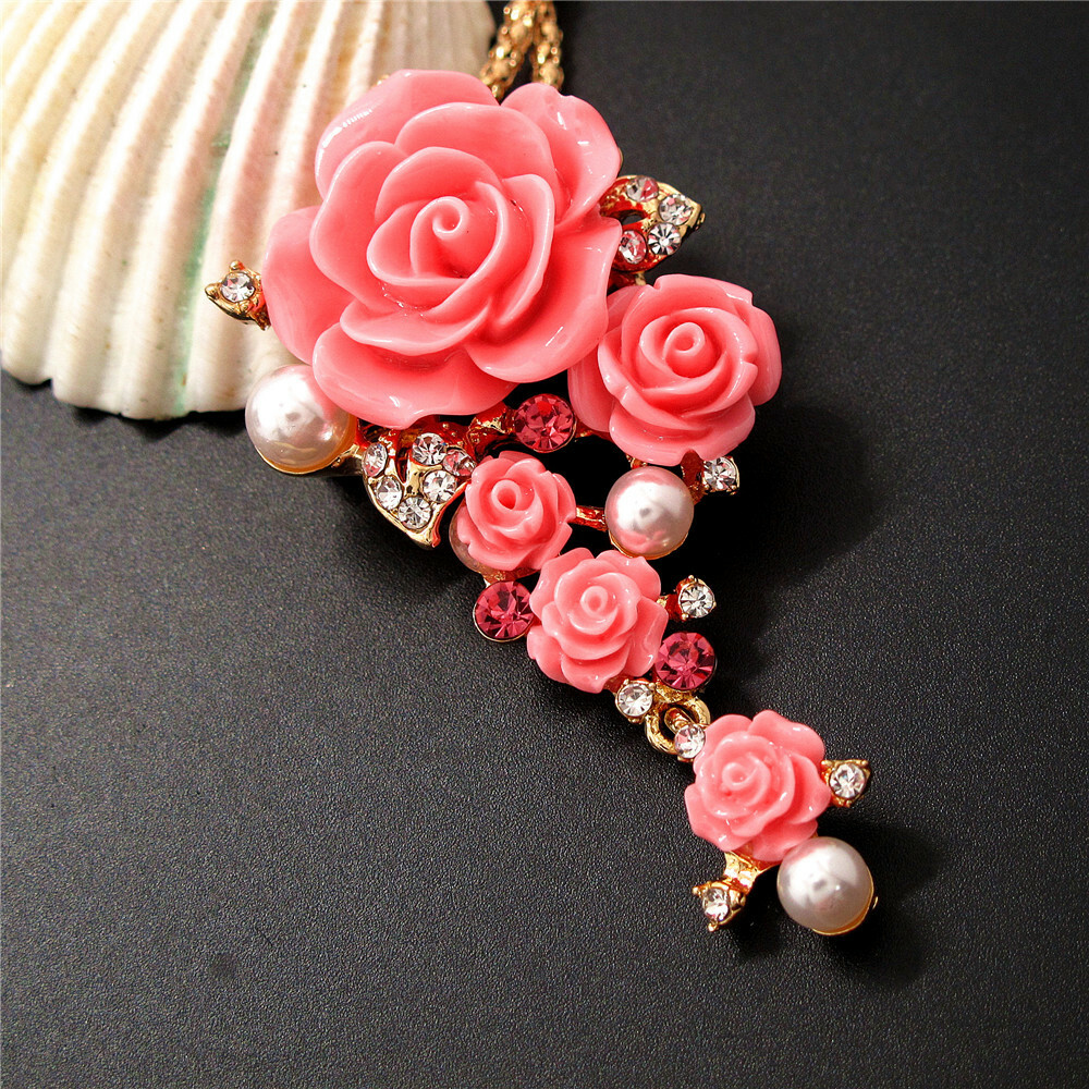 New Pink Acrylic Resin Pearl Rose Crystal Pendant Holiday gifts Necklace