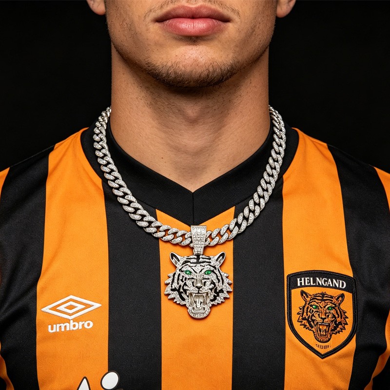 Iced Out Football Tiger Pendant Necklace – 13mm Gold 3D CZ Green Eyes Hip‑Hop Bl