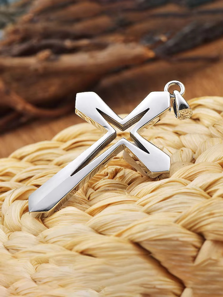 Cross inside a cross pendant necklace 925 silver plated over stainless steel