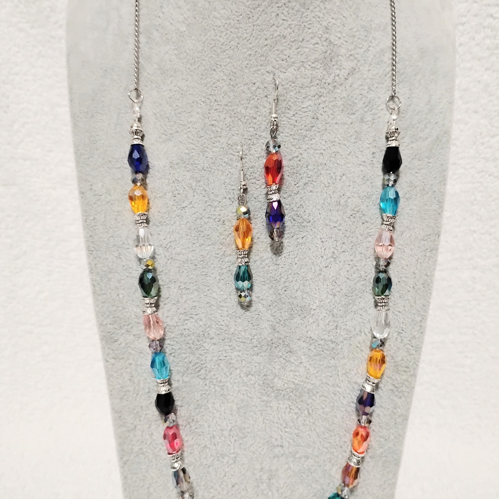 Handcrafted Jewelry 31″ Colorful Glass Teardrop Necklace & Earring Set