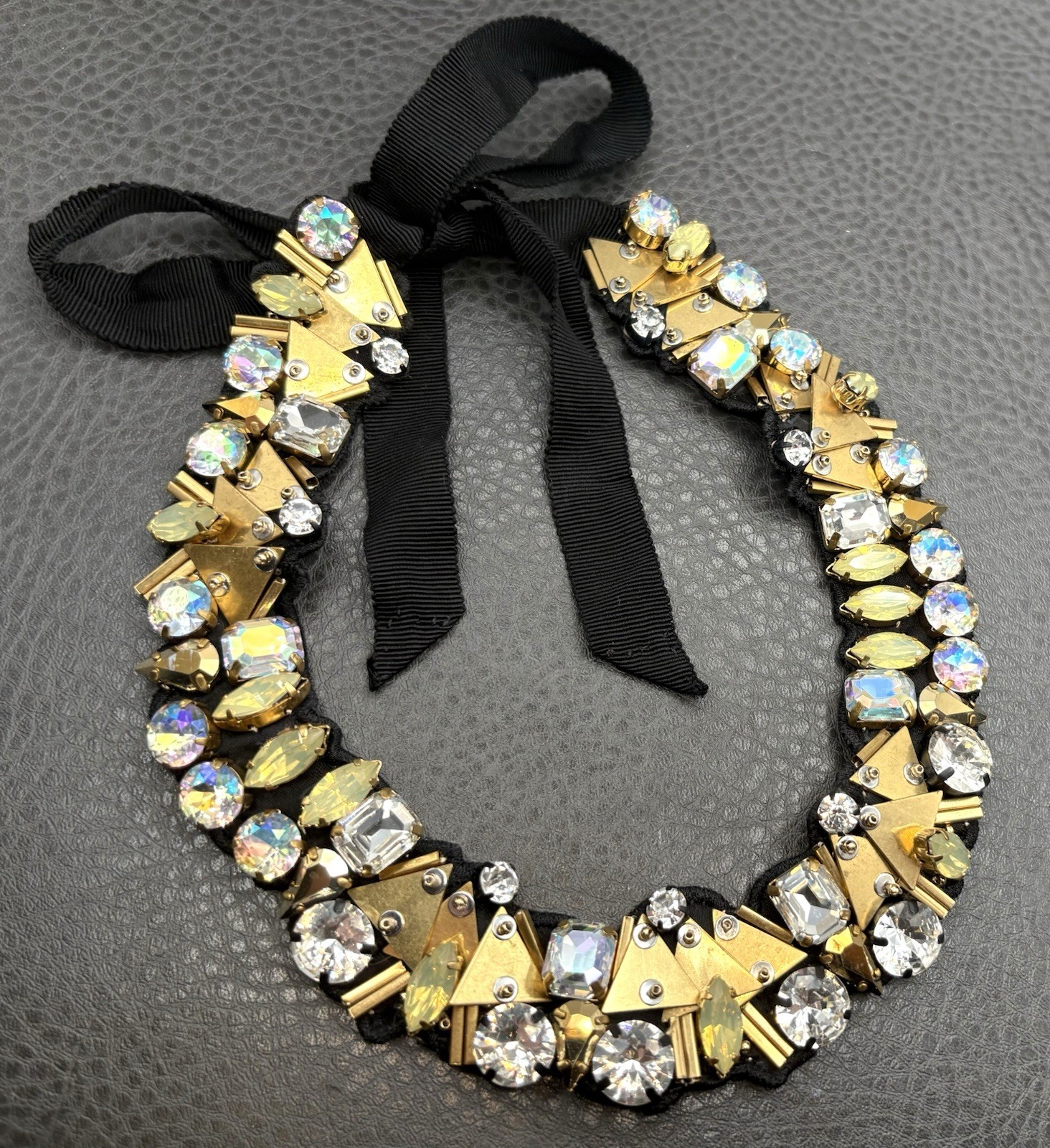 J Crew Crystal Rhinestone Statement Bib Necklace Black Fabric Ribbon Gold Tone
