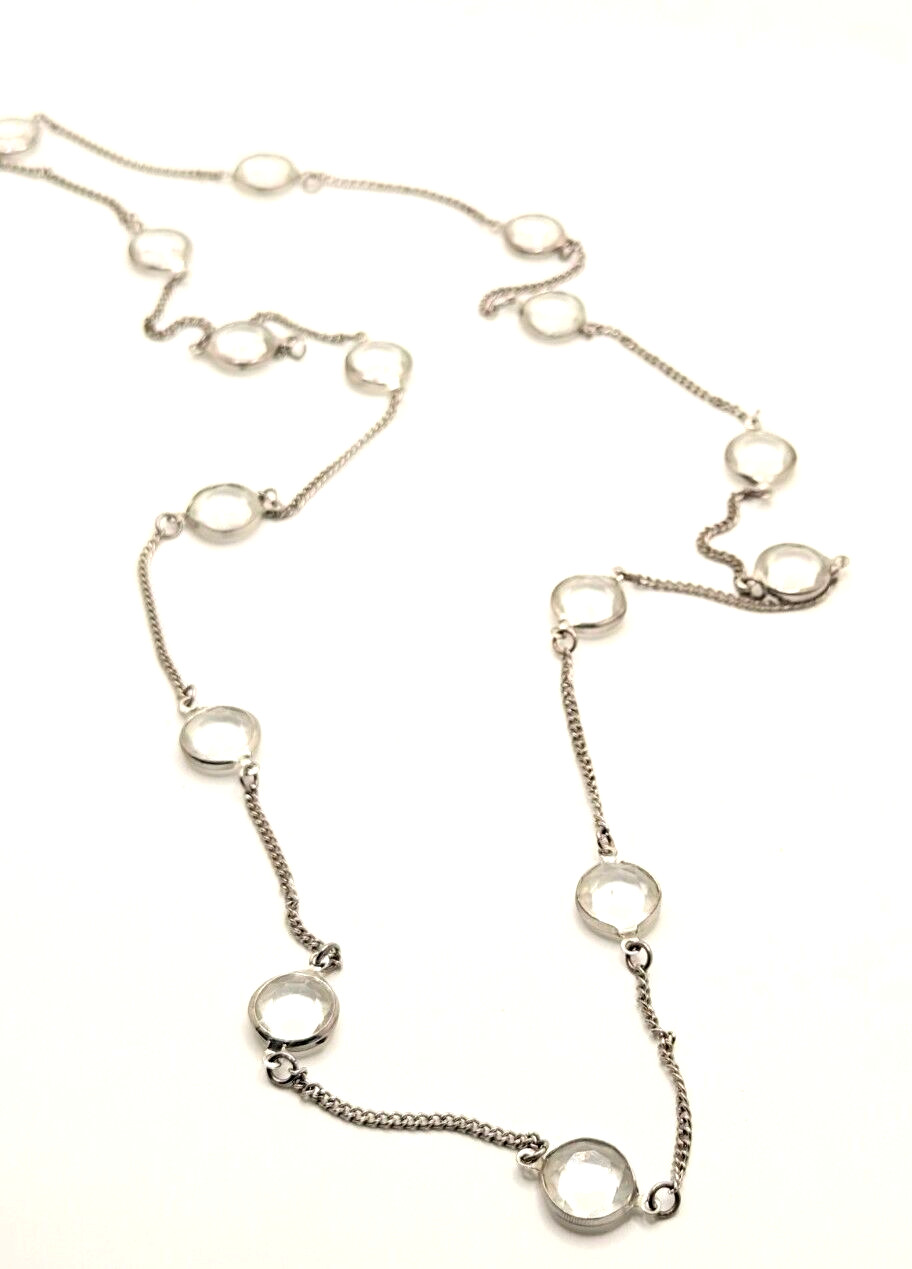 Long Glass Beaded Strand Layered Necklace Minimal Clear Silver Tone 36″ Gift