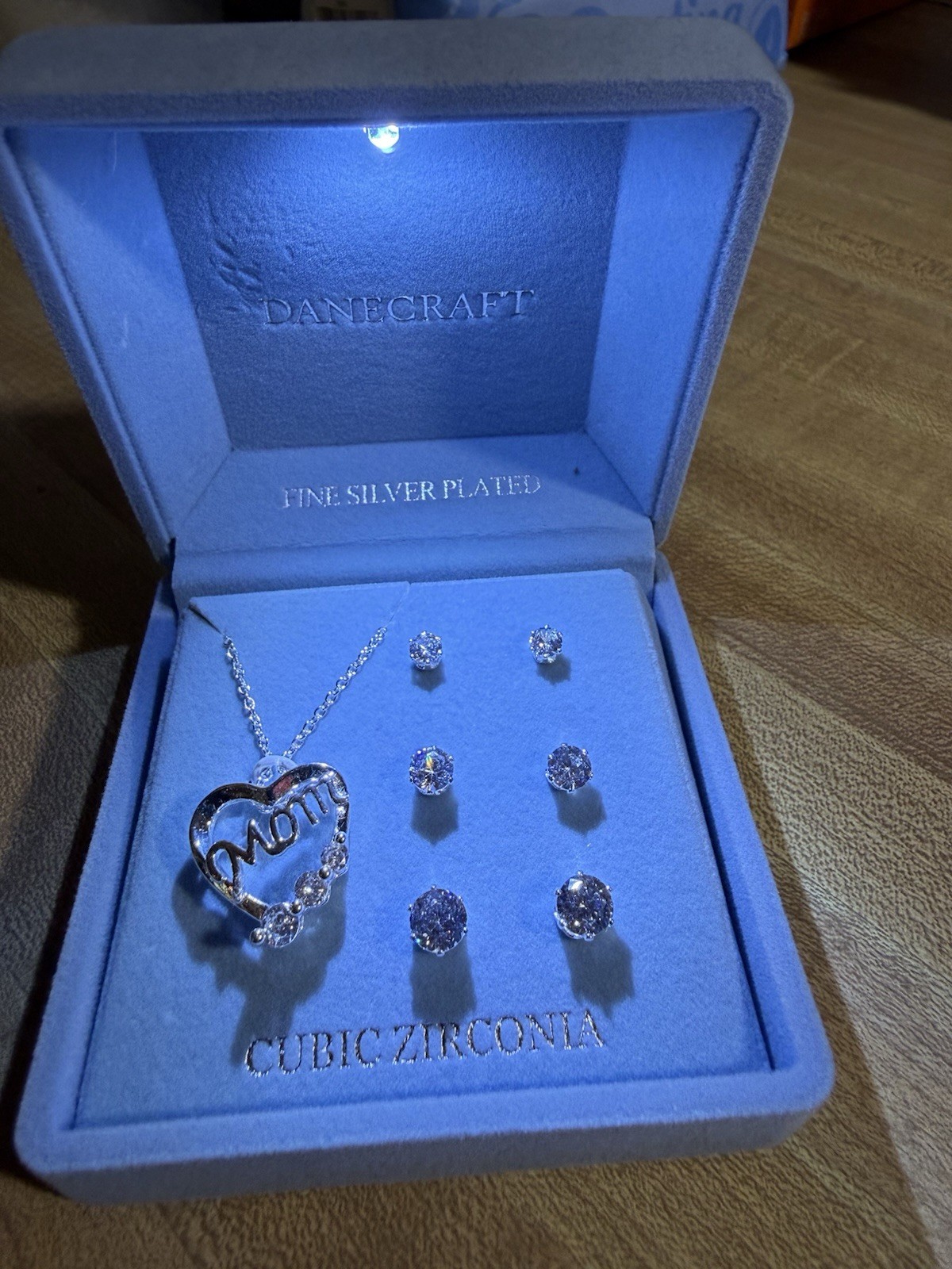 Silver Plated Cubic Zirconia 3 Stud Earrings & Mom Necklace 18″ Macys