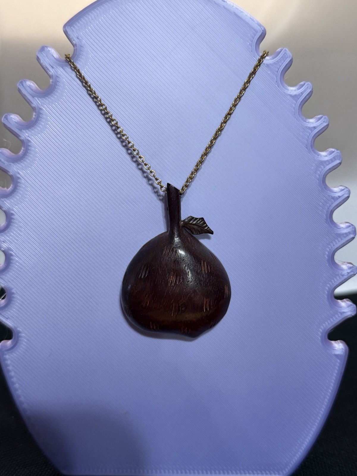 Avon Gold Tone Wood Fig Charm Pendant Necklace, Cable Chain, Spring Ring, Signed