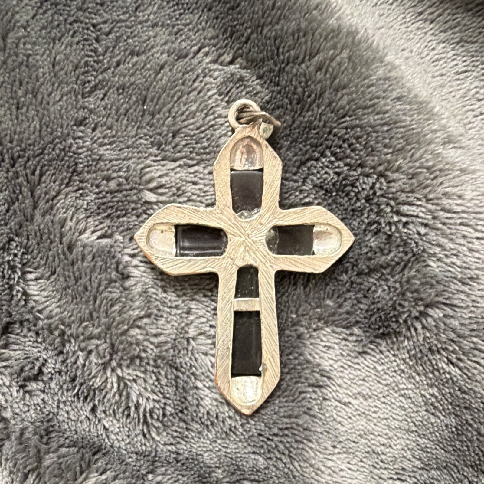Silver Tone Cross Pendant with Black Inlay Religious Jewelry Costume Pendent