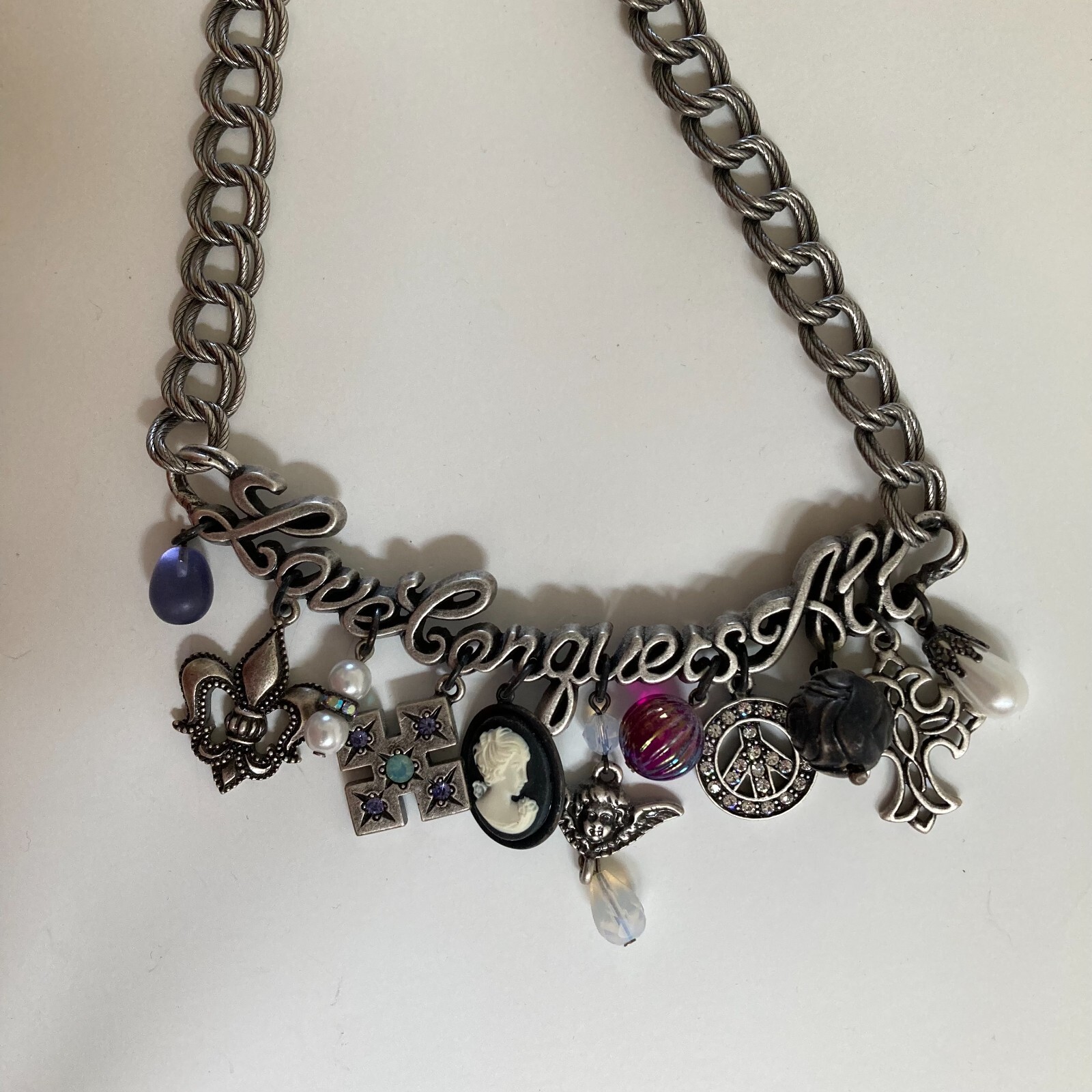 Love Conquers All Beaded Charm Necklace Silvertone 15″ with 3.75″ Extender