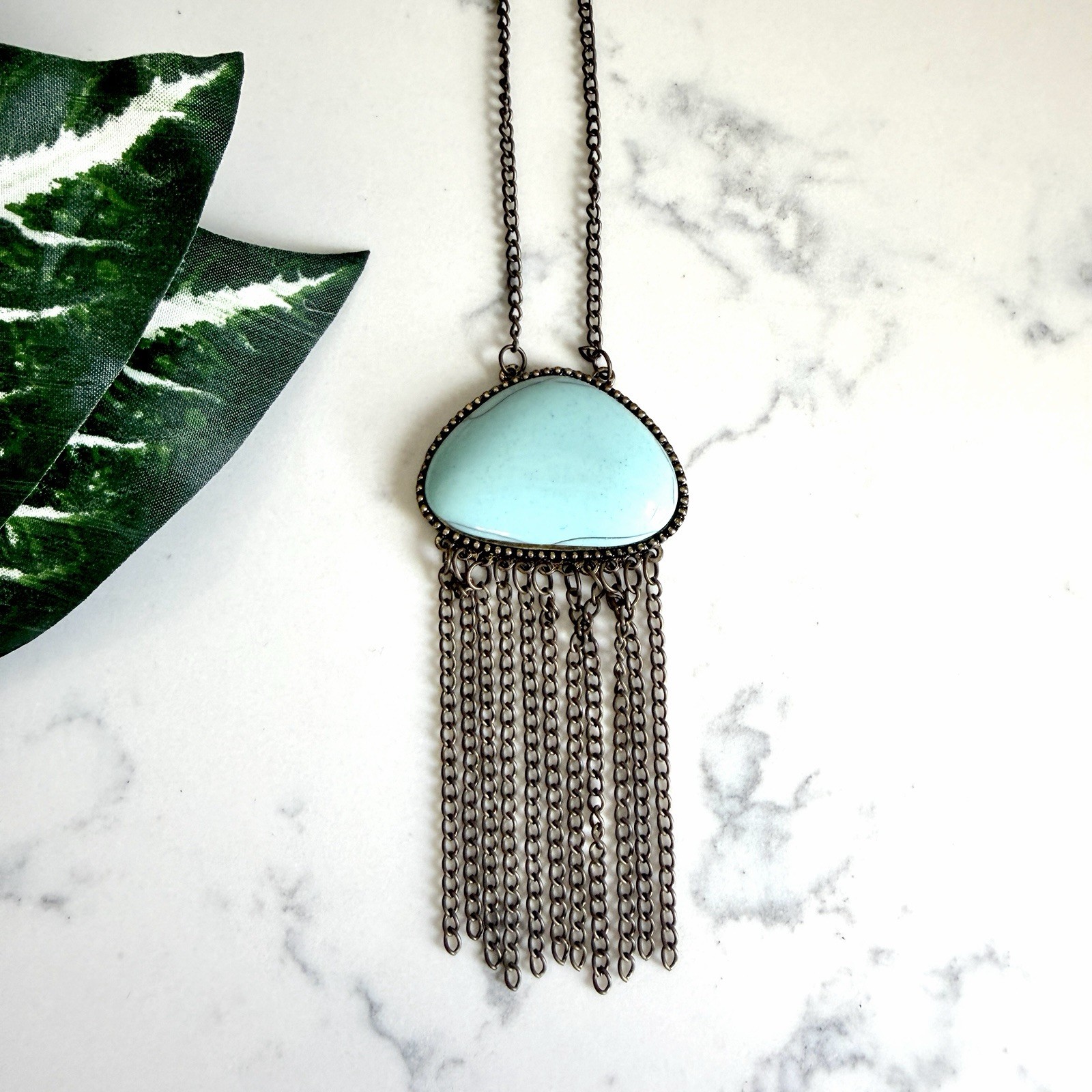 Blue Stone Long Fringe Necklace Western Bohemian PREOWNED Jewelry