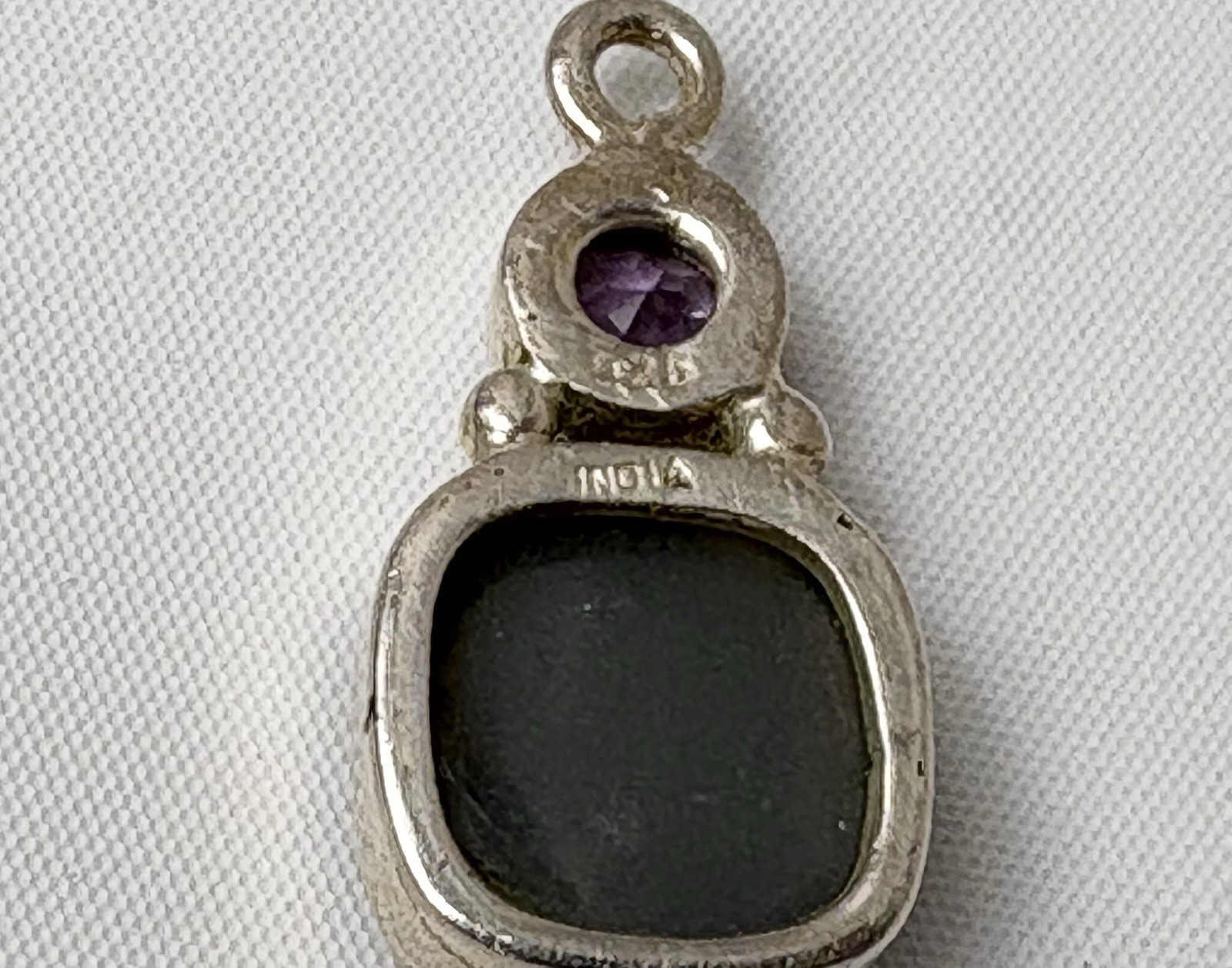 Stamped 925 Silver Blue Druzy Quartz & Light Purple Stone Pendant Made In India