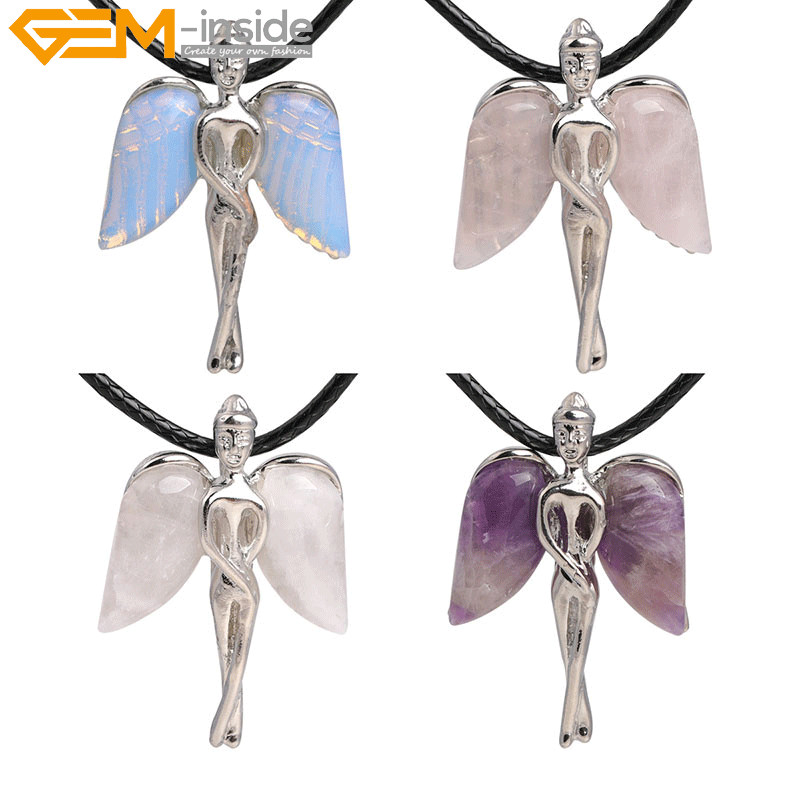 Assorted Stones Zinc Alloy Angel Fairy Wing Leather Chains Pendant Necklace 19”