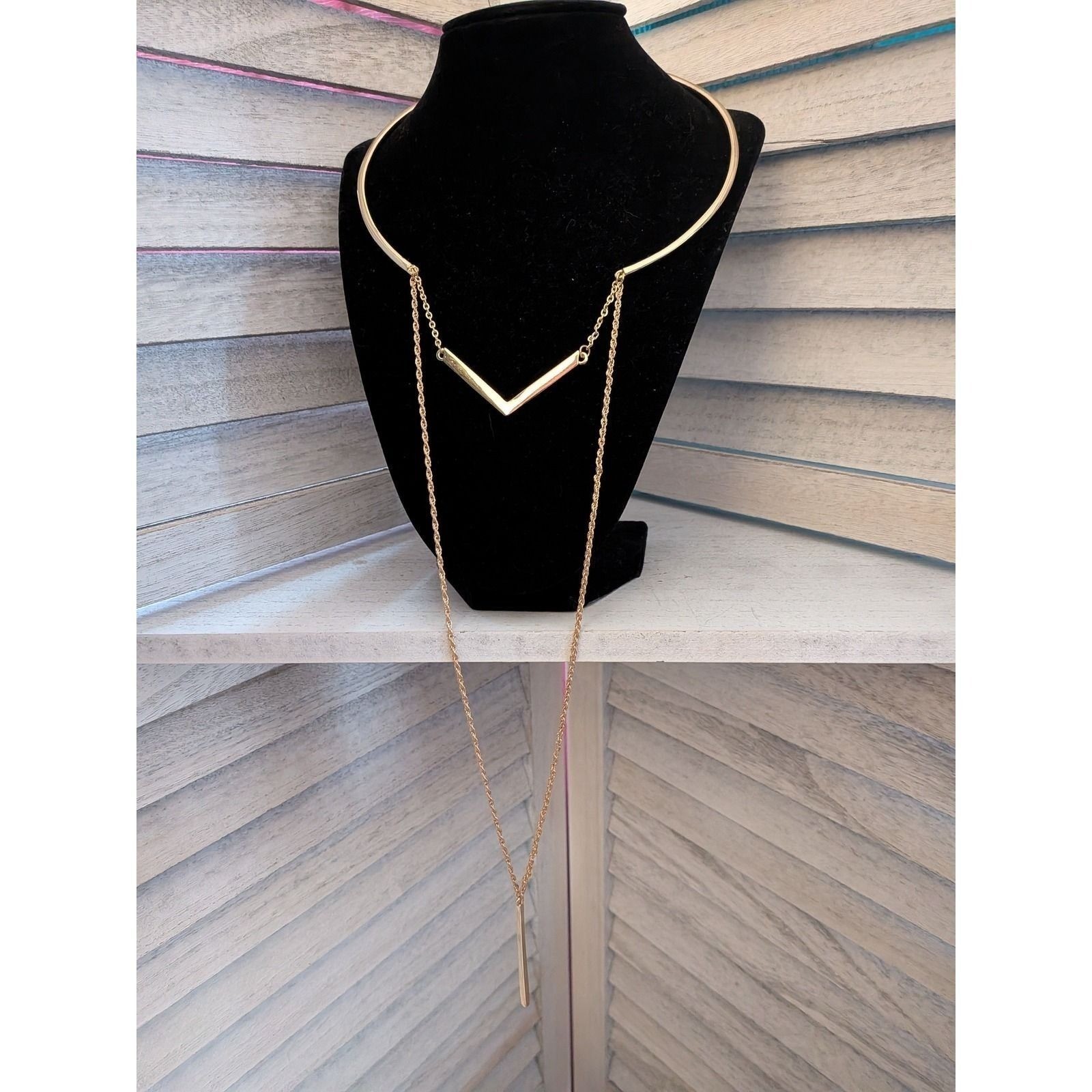 Bansri Gold Tone Layered Chevron Bar Y-Necklace Choker Geometric Jewelry