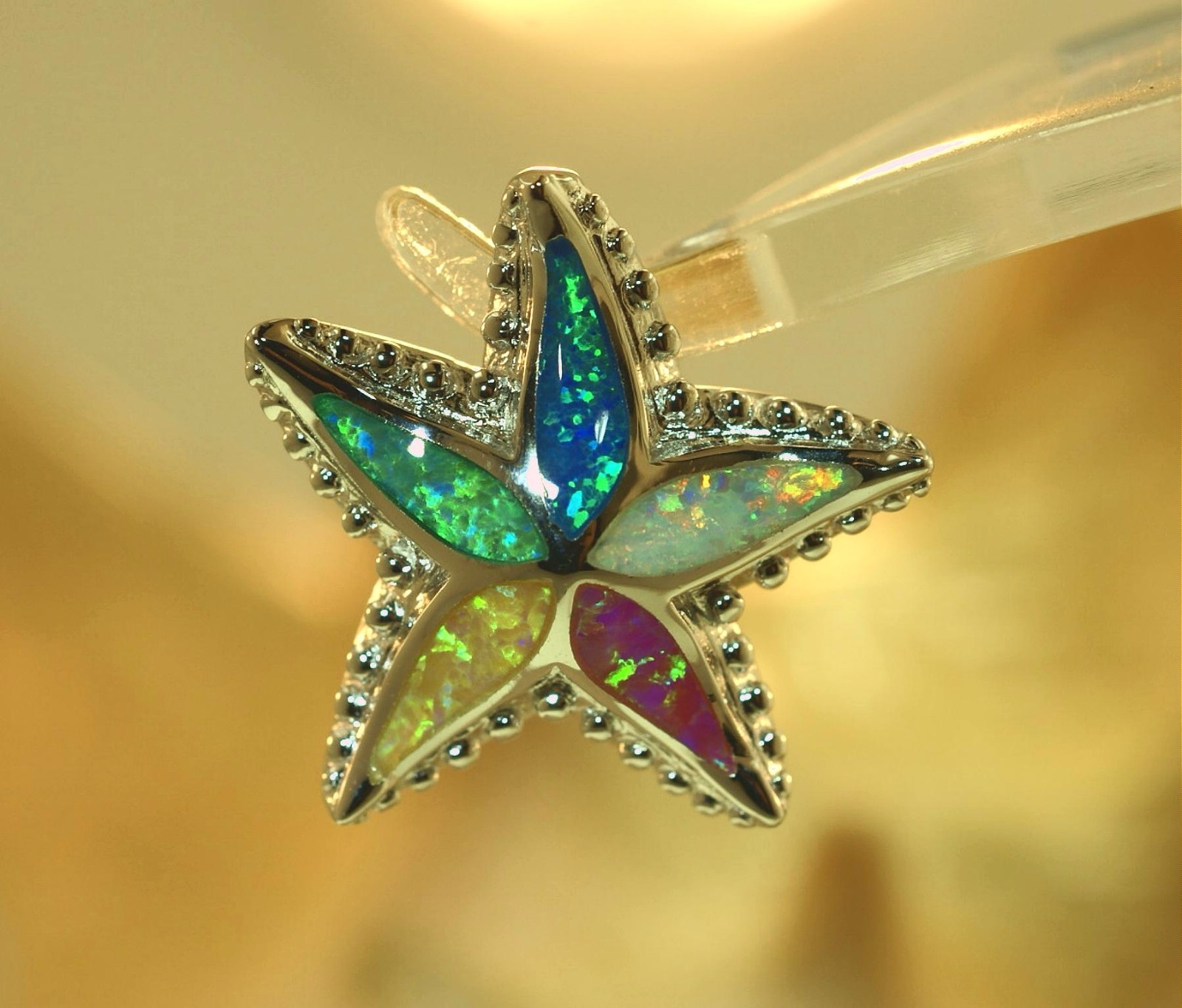 22mm Hawaiian Rhodium 925 Silver Textured Starfish Inlaid Mix Opal Slide Pendant